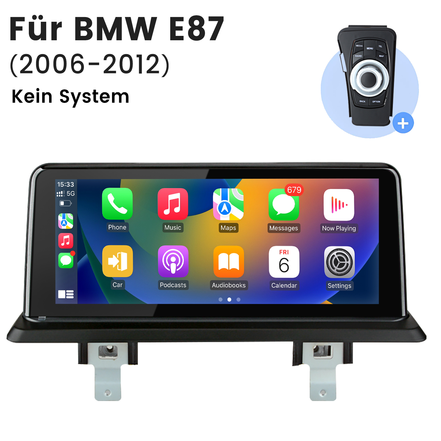 Ein Auto-Infotainmentsystem-Bildschirm zeigt App-Symbole an: Telefon, Musik, Karten, Nachrichten, Kalender und Einstellungen. Oben befindet sich ein Bedienfeld.