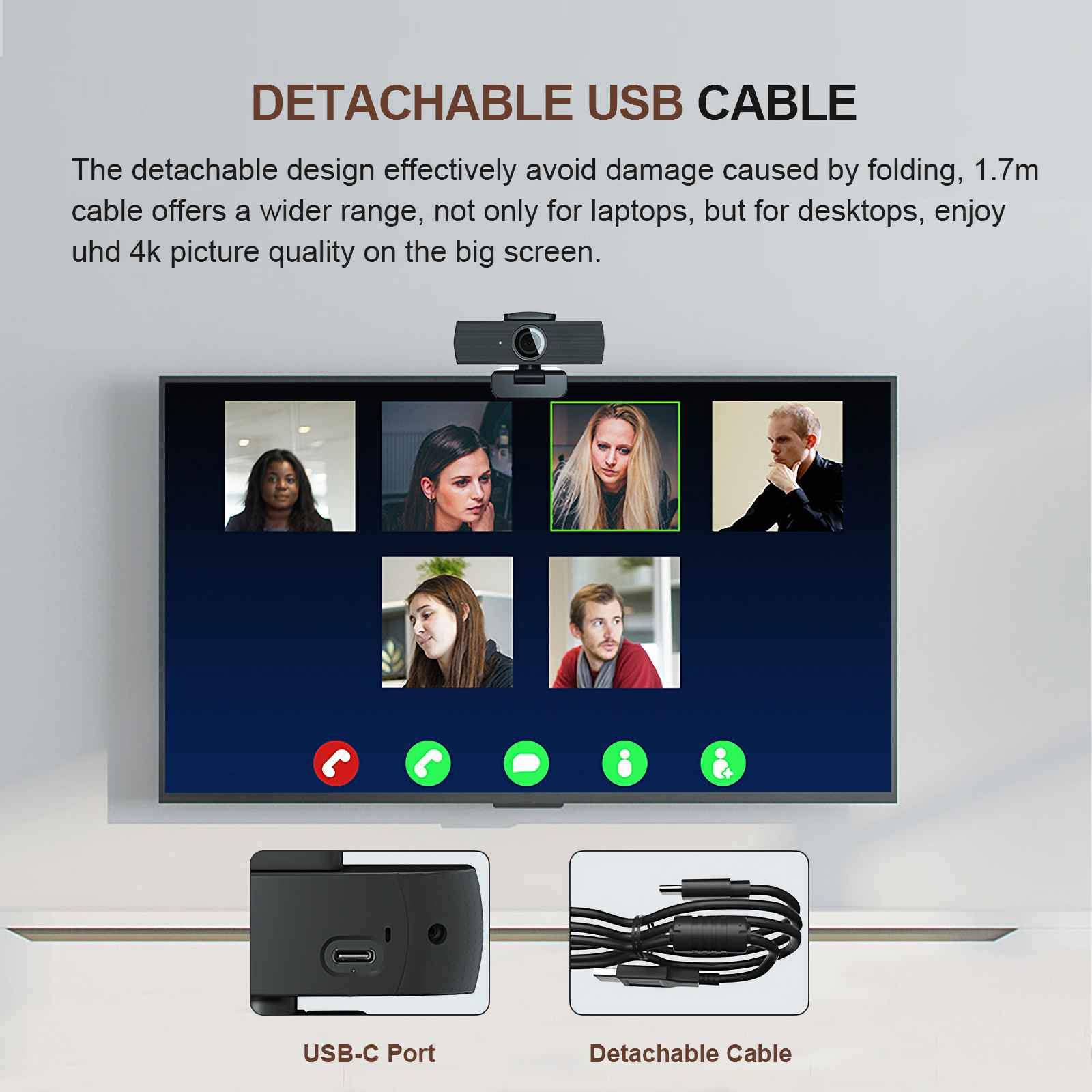 Webcam mit Bildschirm, der Videoanrufe zeigt, USB-C-Anschluss und abnehmbarem Kabel.