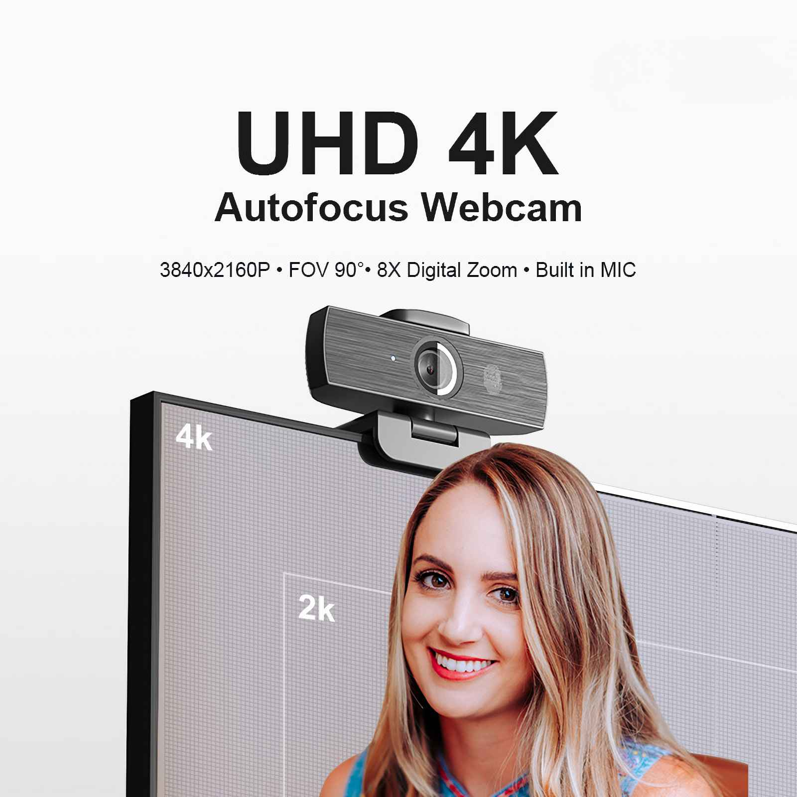 Webcam mit UHD 4K, Autofokus. Eine Frau lächelt. Der Bildschirm zeigt 4k und 2k.