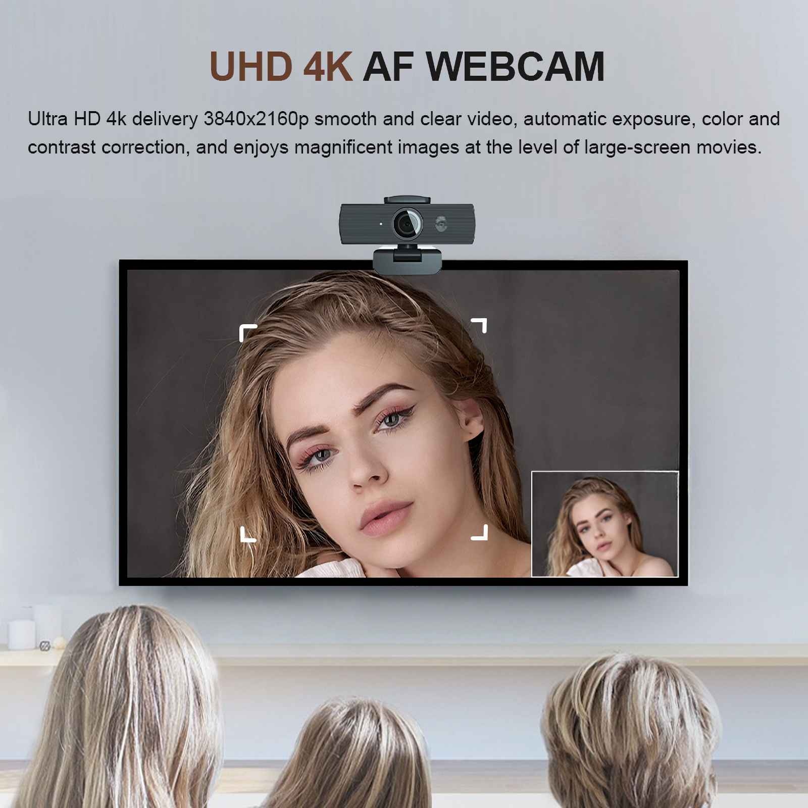 Eine Webcam über einem Bildschirm, der eine Frau zeigt. Oben steht UHD 4K AF WEBCAM.