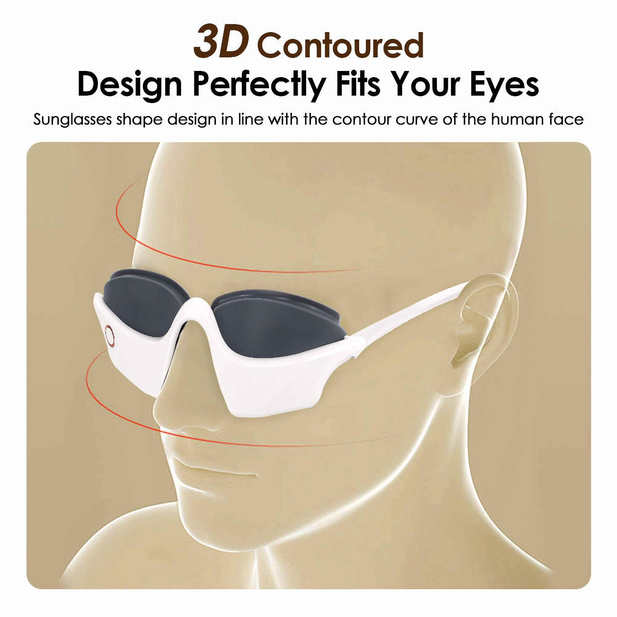 Das Bild zeigt eine weiße, konturierte Sonnenbrille auf einem Gesicht. Die Brille hat dunkle Gläser.