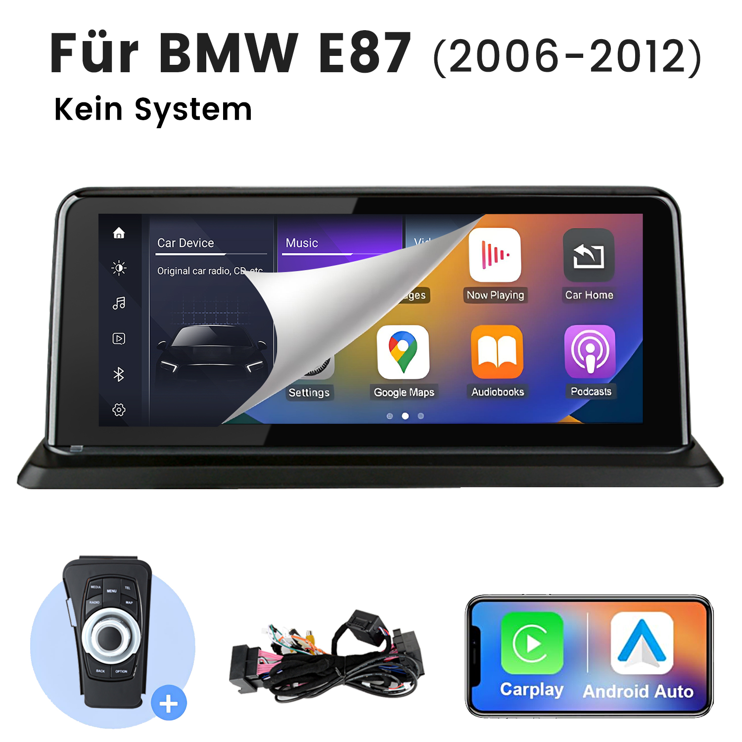Ein Auto-Multimedia-System mit Bildschirm, Apps und Zubehör, darunter Fernbedienung und Verkabelung.