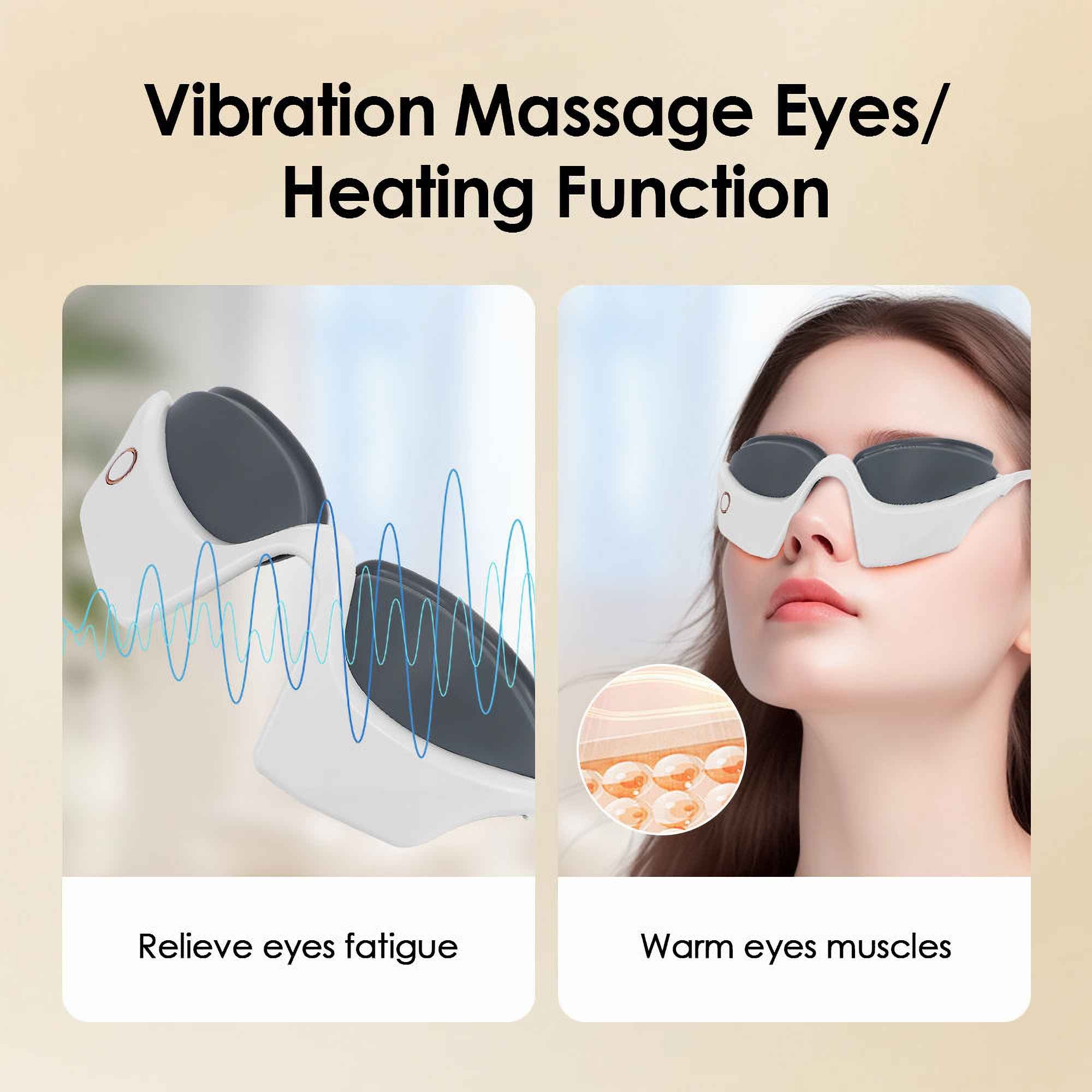 Das Bild zeigt ein Augenmassagegerät. Linke Seite: Gerät. Rechte Seite: Frau mit dem Massagegerät. Text: Vibrationsmassage Augen/Heizfunktion.
