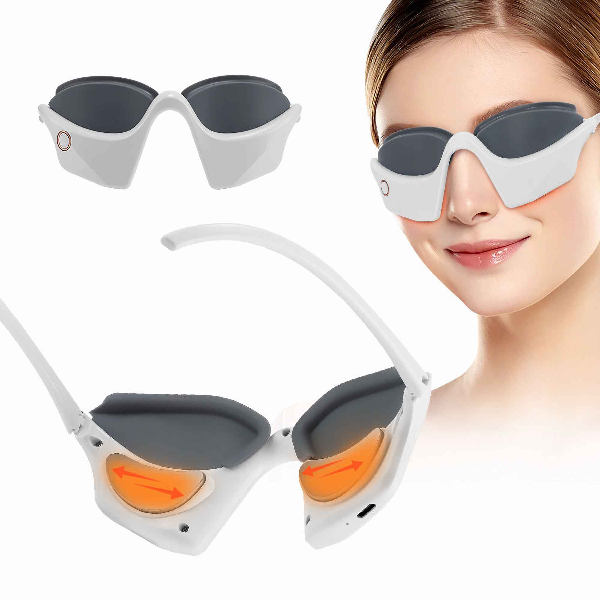 Das Bild zeigt eine weiße Augenmassagebrille mit grauen Gläsern und eine Frau, die sie trägt. Zwei weitere Paare sind abgebildet.