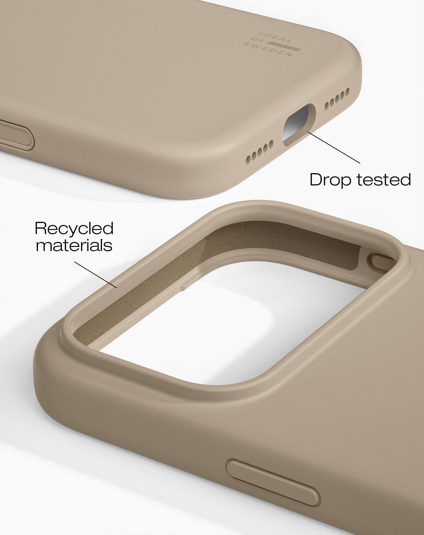 Nahaufnahme einer Handyhülle. Die Hülle ist fallgetestet und aus recycelten Materialien hergestellt. Beige Farbe. IDEAL OF SWEDEN Logo sichtbar.