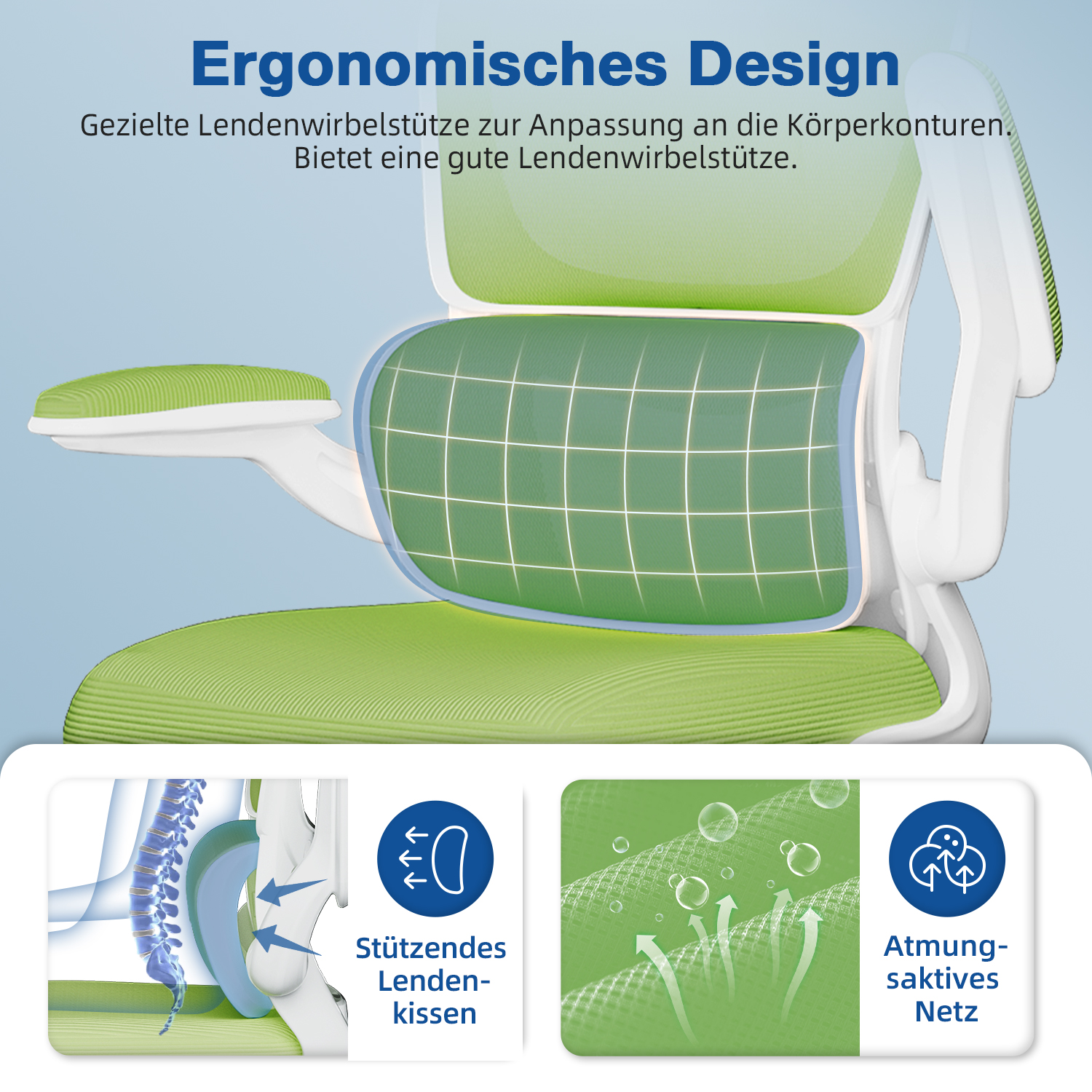 Grüner und weißer ergonomischer Bürostuhl. Er hat eine atmungsaktive Netzrückenlehne und Lendenwirbelstütze. Text beschreibt die Eigenschaften.
