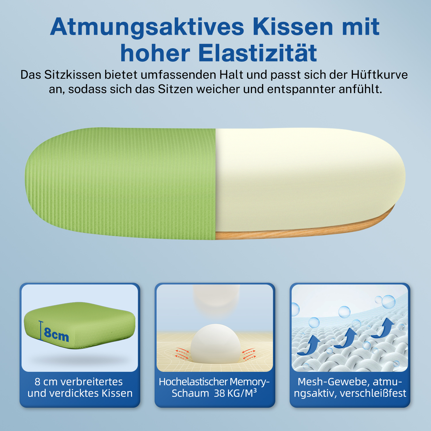 Ein grünes und weißes Kissen mit Text. Darunter drei Bilder: Abmessungen, Schaumstoff und Mesh-Gewebe.