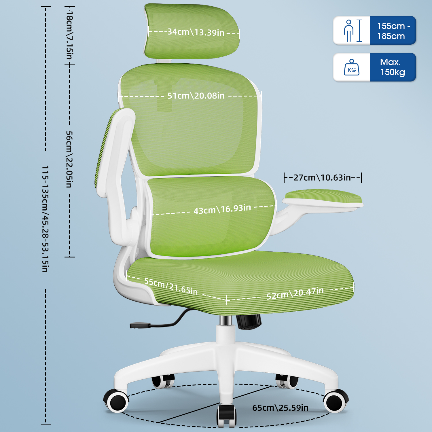 Grüner und weißer ergonomischer Bürostuhl. Abmessungen und Spezifikationen werden angezeigt, einschließlich Höhe, Breite und maximale Tragfähigkeit.