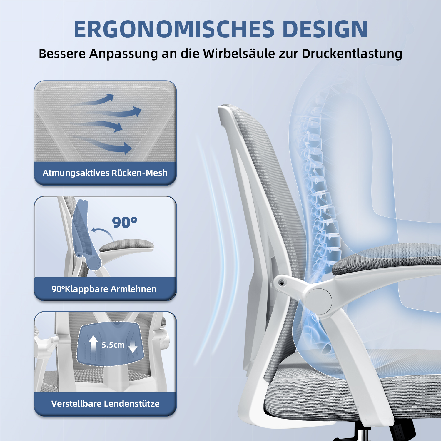 Ein ergonomischer Bürostuhl mit atmungsaktivem Mesh-Rücken, verstellbarer Lendenwirbelstütze und 90-Grad-Armlehnen.