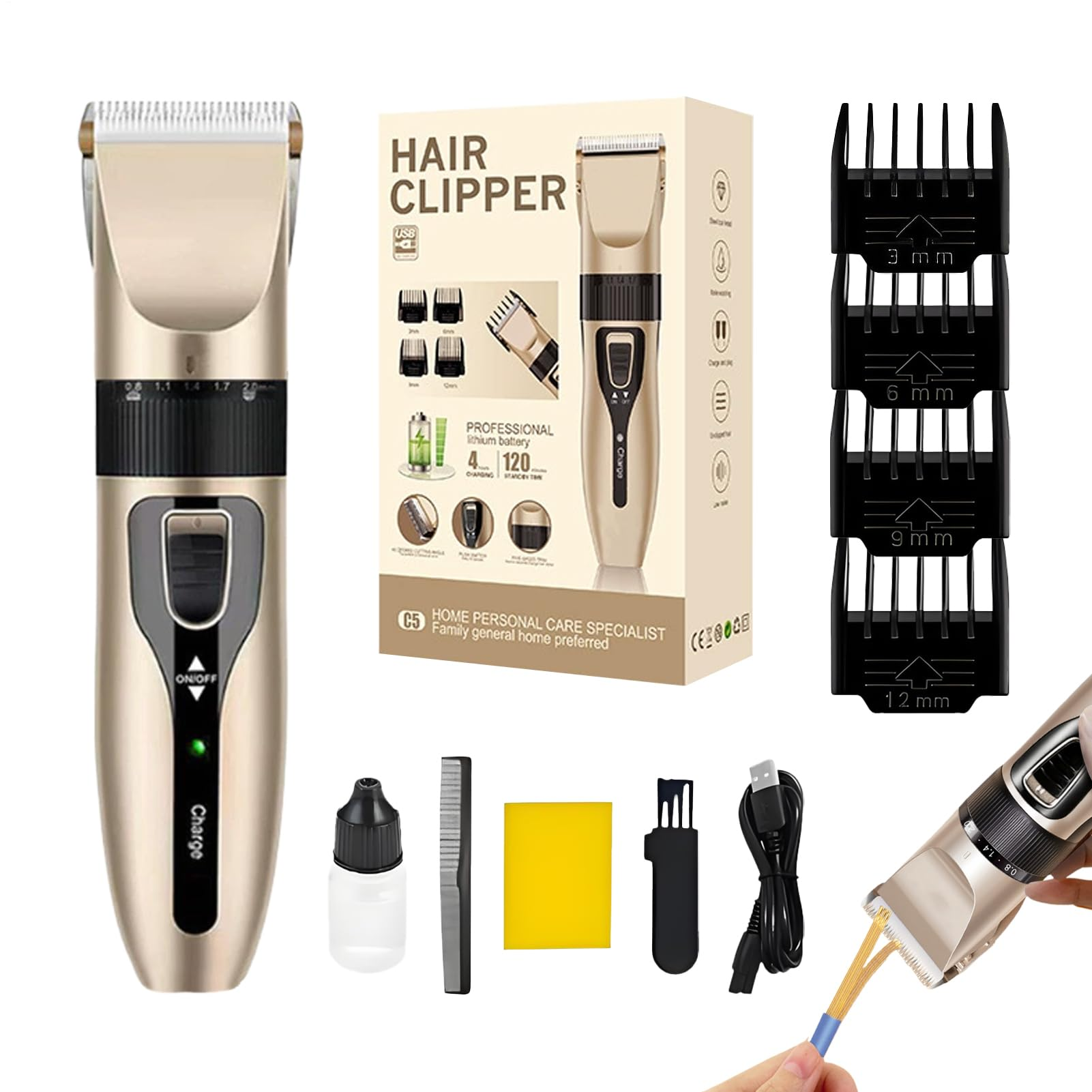 Ein goldenes Haarschneidegerät-Set mit Zubehör und einer Box. Enthält Clipper, Aufsätze, Öl, Bürste und USB-Kabel.