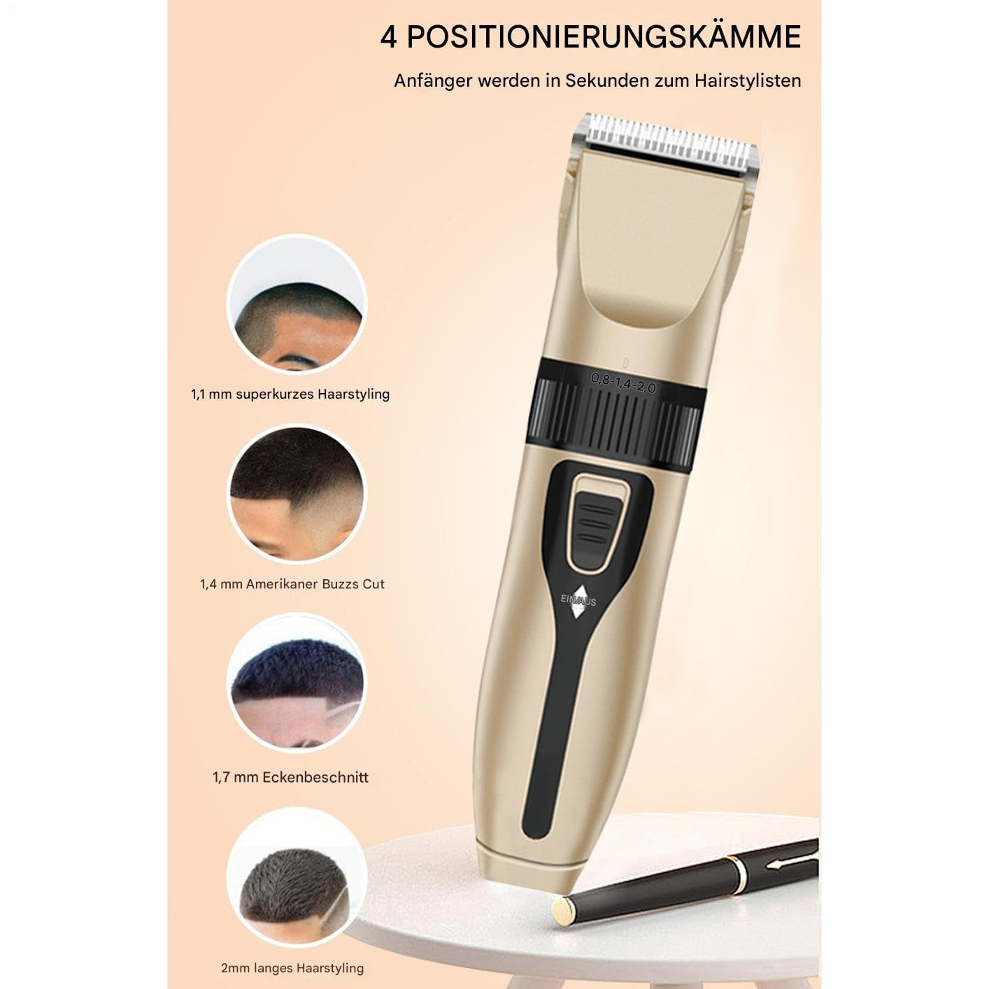 Goldener Haarschneider mit schwarzem Griff, vier Haarstil-Beispiele und ein Stift auf hellbraunem Hintergrund mit deutschem Text.