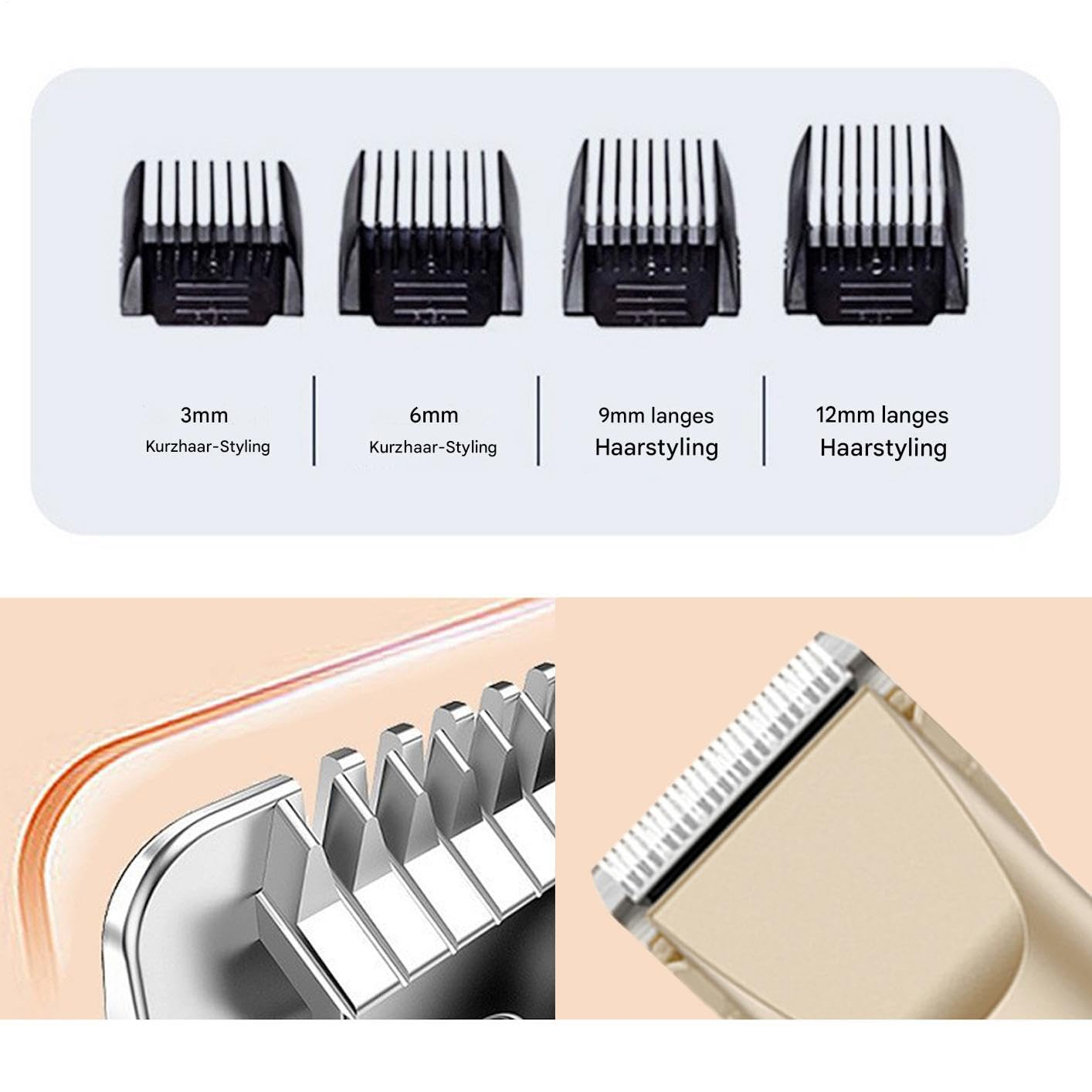 Das Bild zeigt vier Aufsätze für Haarschneider mit den Bezeichnungen 3 mm, 6 mm, 9 mm und 12 mm. Nahaufnahme von Klingen.