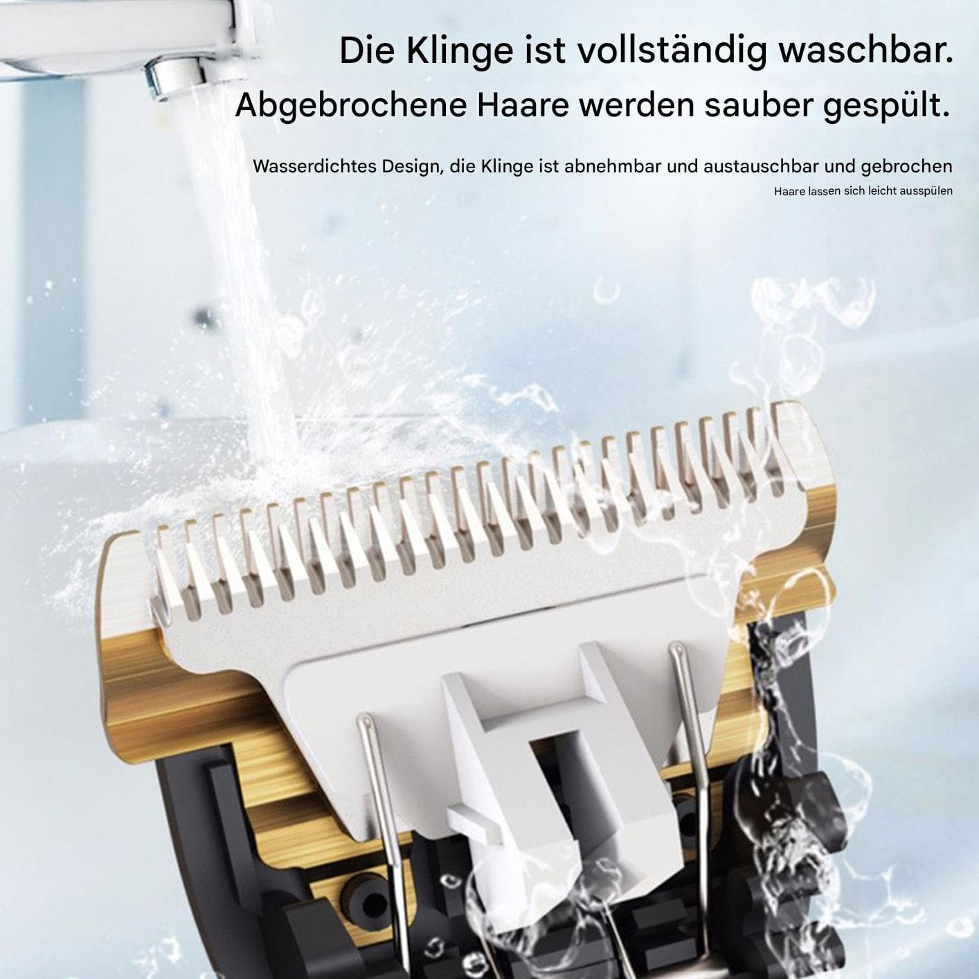 Nahaufnahme eines Rasiererkopfes, der mit Wasser gespült wird. Der Kopf ist silber und gold, Wassertropfen sind sichtbar.