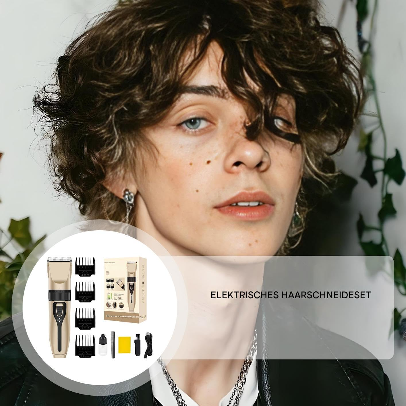 Eine Person mit lockigem braunem Haar und blauen Augen schaut in die Kamera. Ein Haarschneide-Set befindet sich im Hintergrund.