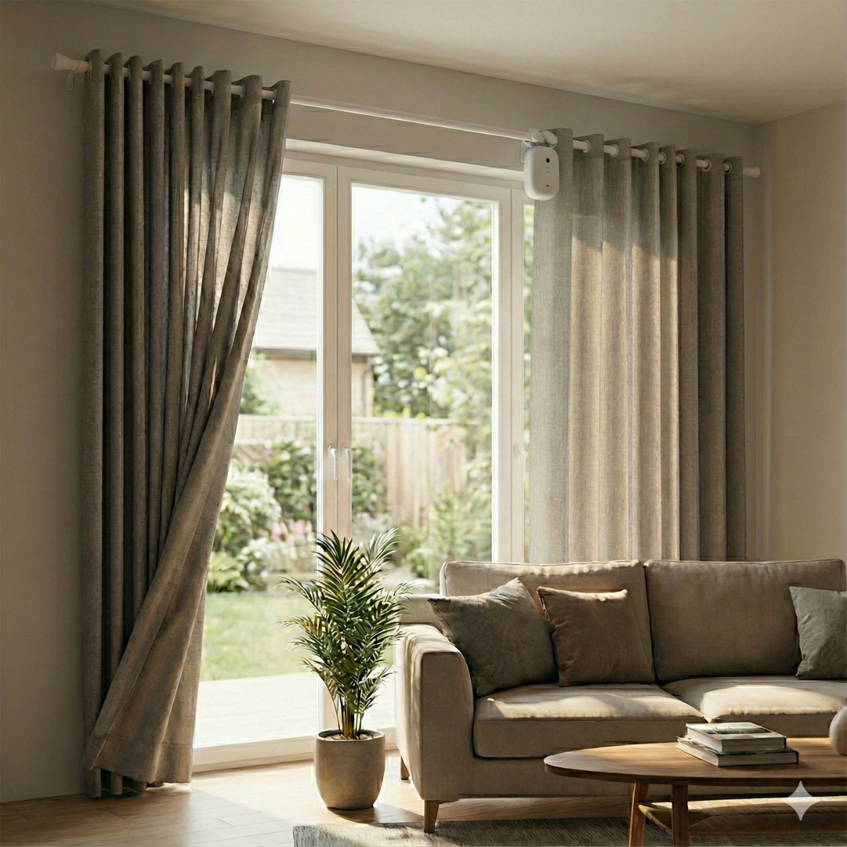 Salón con cortinas, sofá y planta en maceta frente a una ventana con jardín y casa.