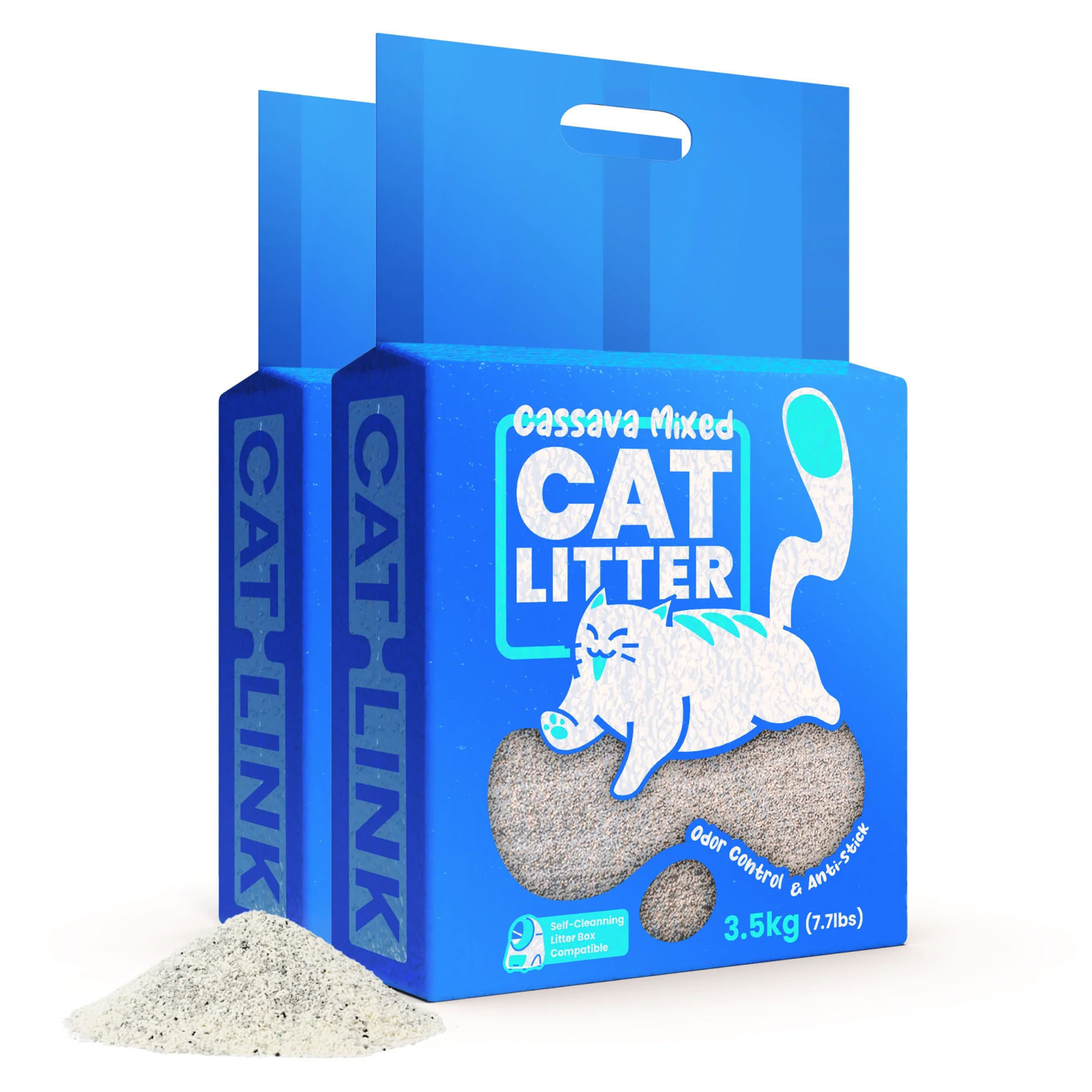 Niebieskie pudełko z żwirkiem dla kotów z ilustracją kota. Przed nim stos żwirku. Na pudełku napis 'Żwirek dla kotów'.