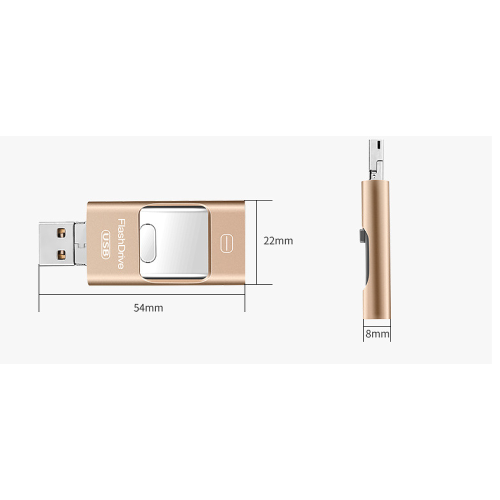 Ein goldener USB-Stick, beschriftet mit 'USB FlashDrive'. Abmessungen: 54 mm lang, 22 mm hoch. Eine andere Ansicht zeigt 8 mm Breite.