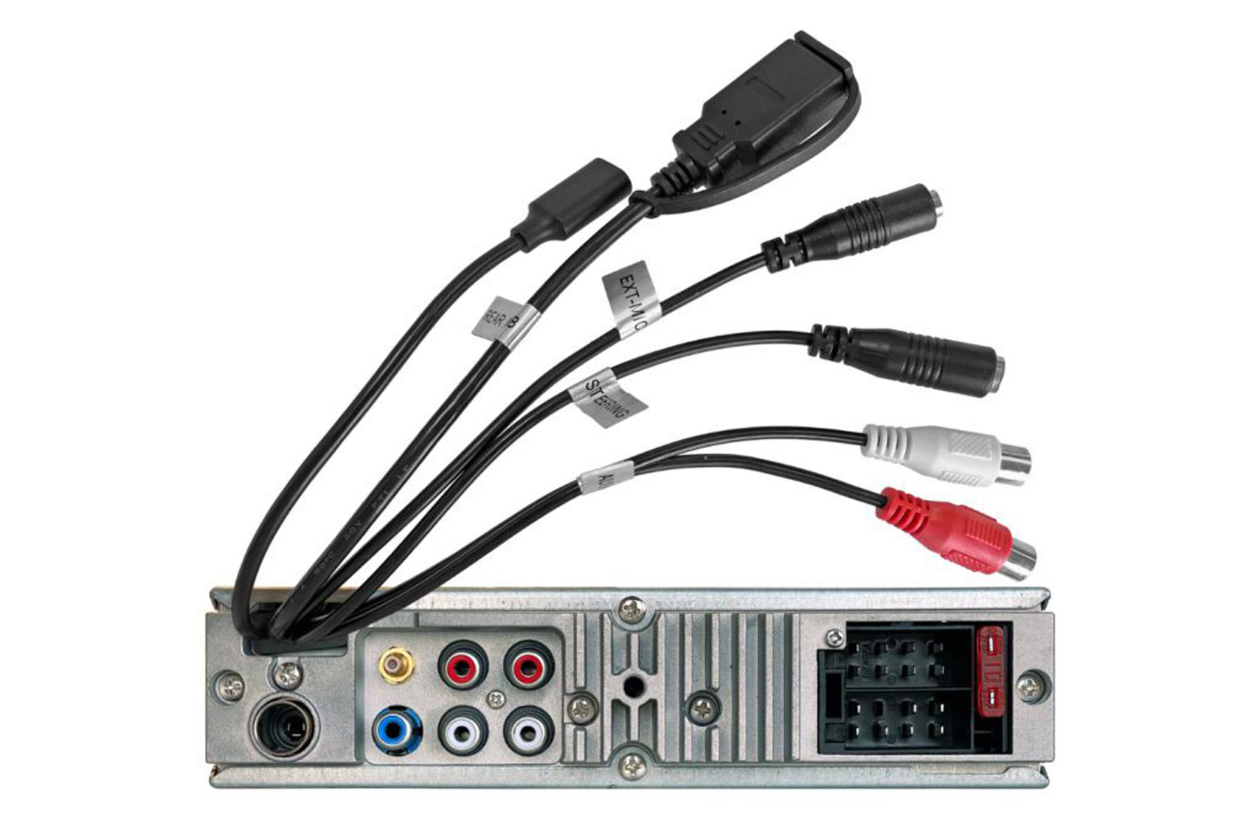 Autoradio mit verschiedenen Kabeln und Anschlüssen. Enthält USB, Cinch und andere Audio-/Video-Ein-/Ausgänge.