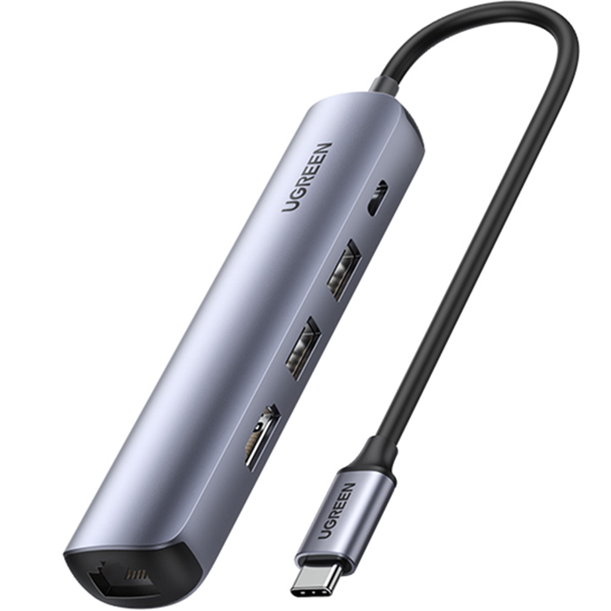 Adapter USB-C UGREEN. Jest szary, ma wiele portów i czarny kabel.