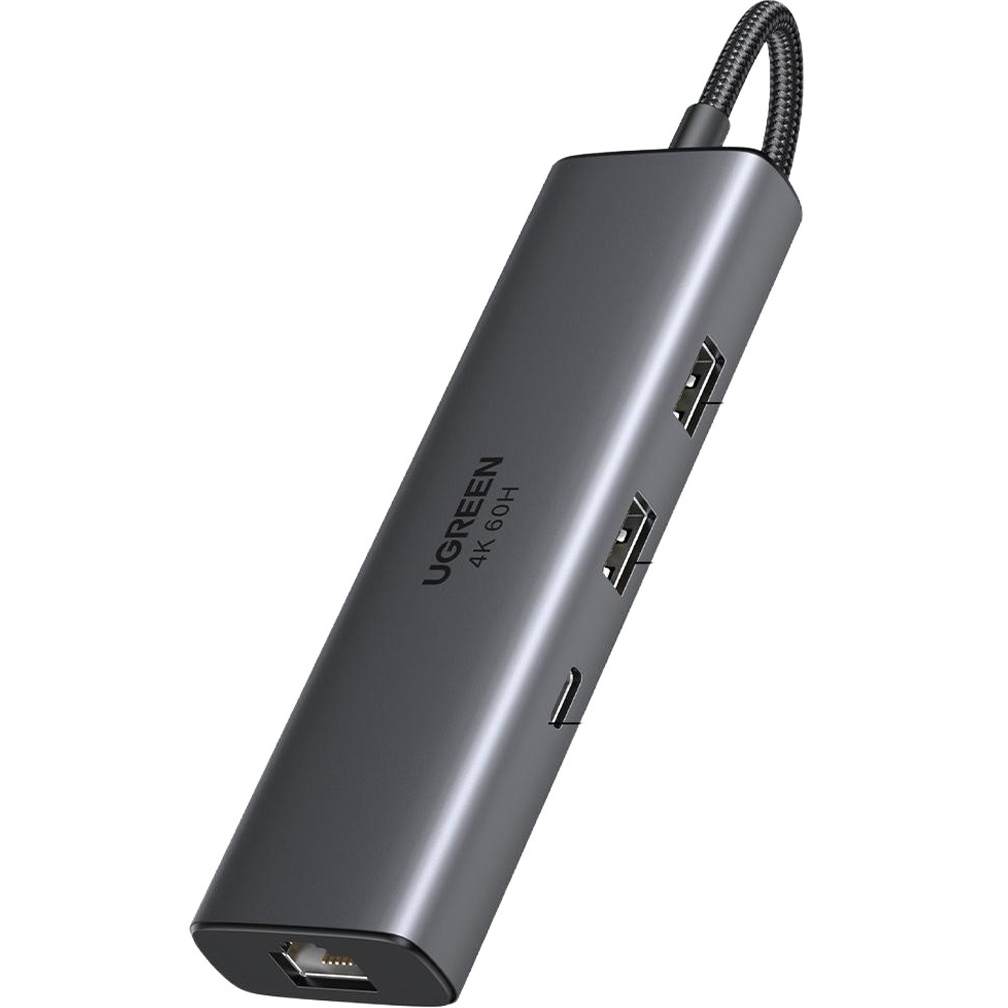 Szary hub USB UGREEN z wieloma portami. Posiada czarny pleciony kabel i logo UGREEN.