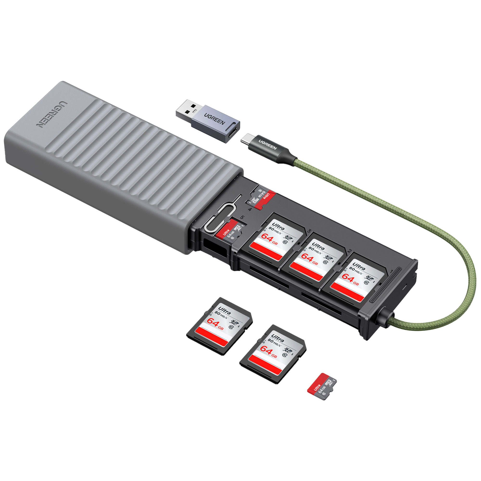 Czytnik kart UGREEN z wieloma kartami SD i kablem USB oraz adapterem USB-A i USB-C.