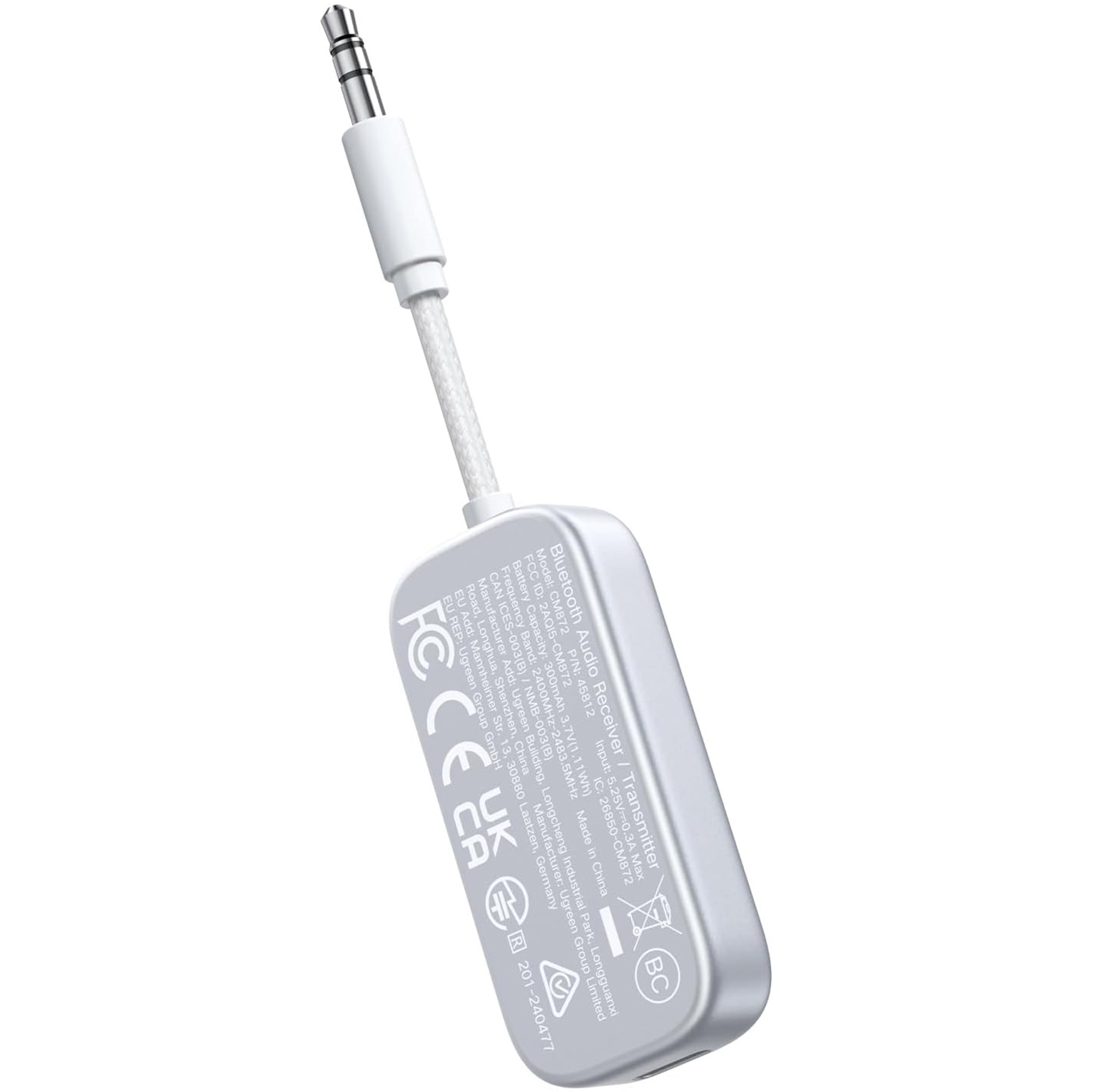 Srebrny odbiornik audio Bluetooth z białym kablem i wtyczką jack 3,5 mm. Urządzenie ma tekst i symbole.