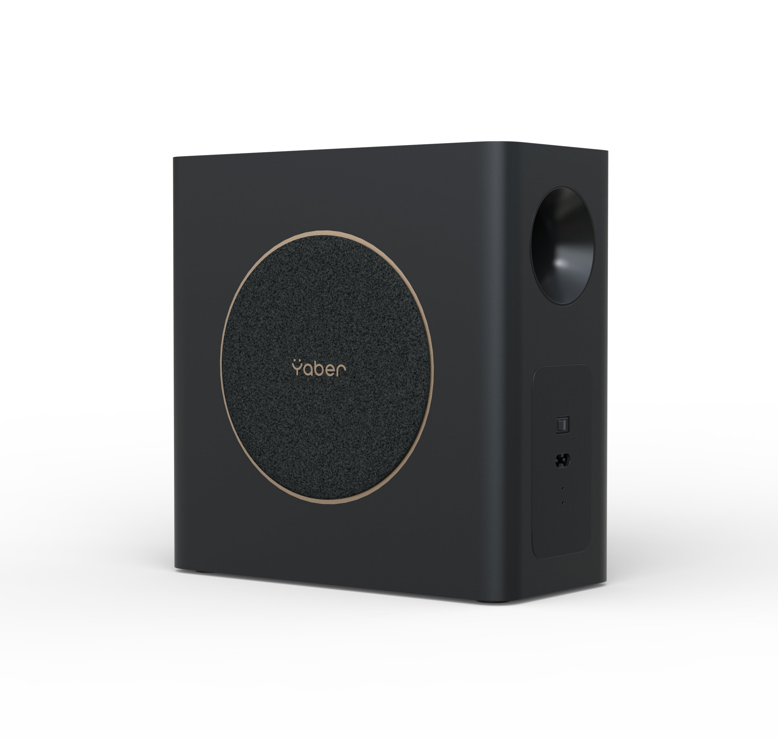 Czarny głośnik z okrągłym głośnikiem, włącznikiem i marką 'Yaber'.