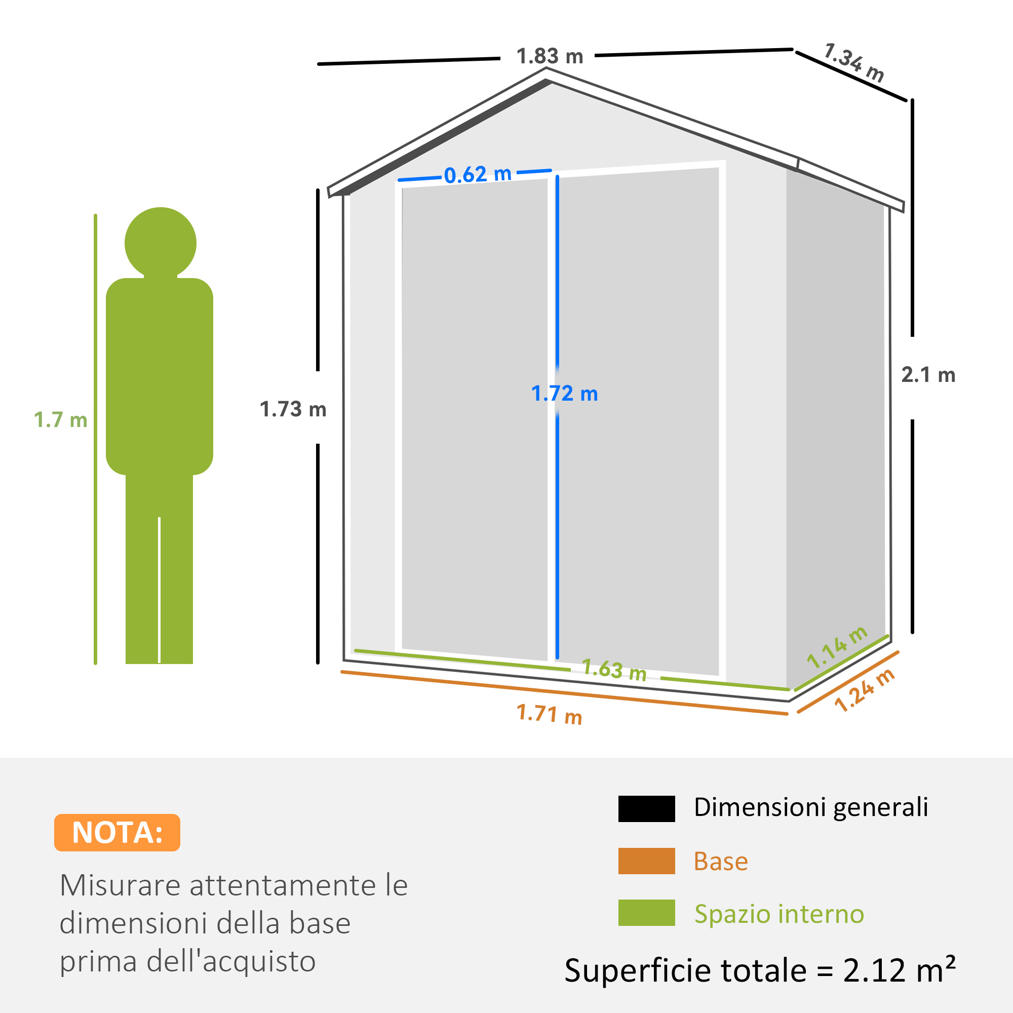 Diagramma di un capannone con dimensioni in metri, con figura umana per scala.