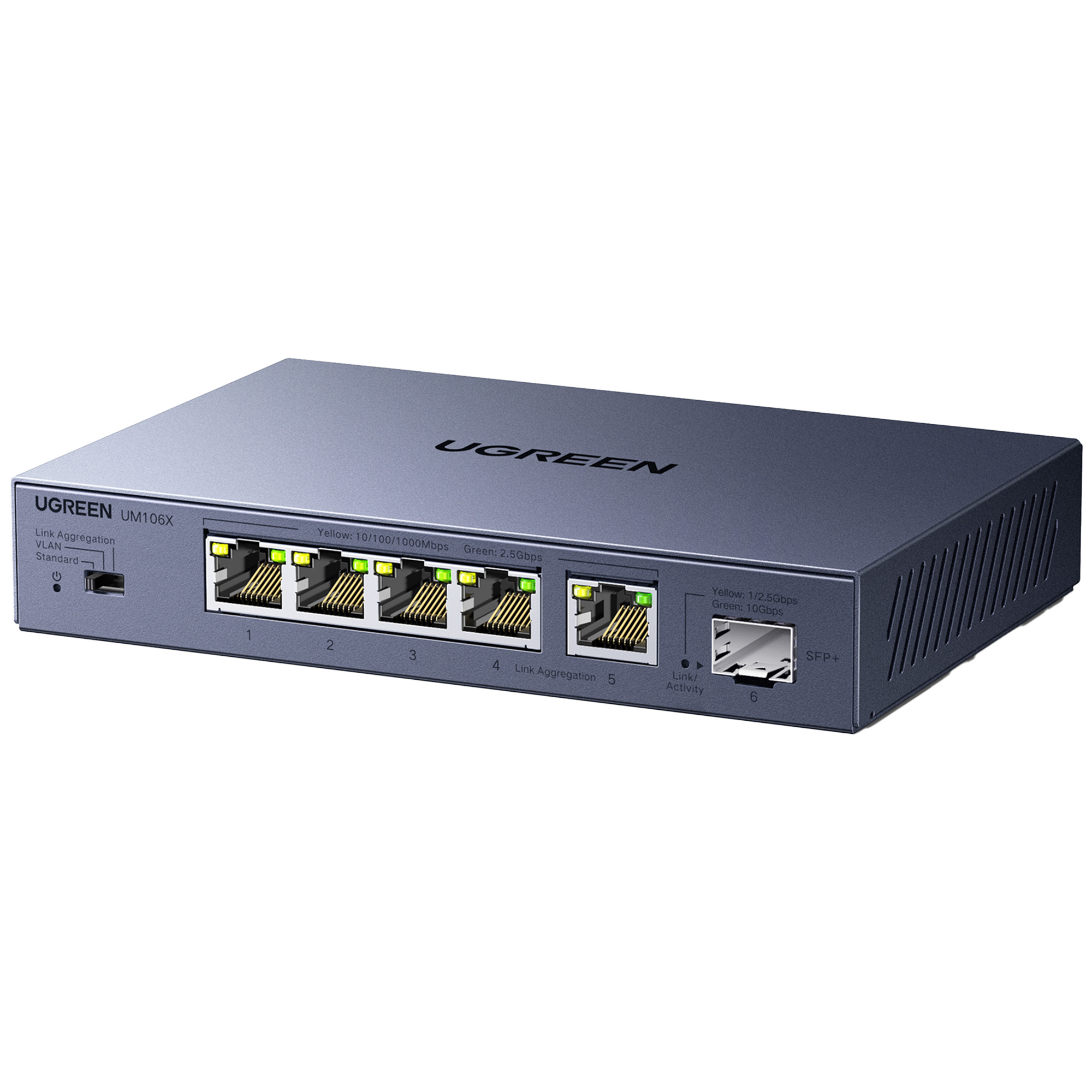 Przełącznik sieciowy UGREEN UM106X. Ma 6 portów, diody statusu i włącznik. Urządzenie jest szare.