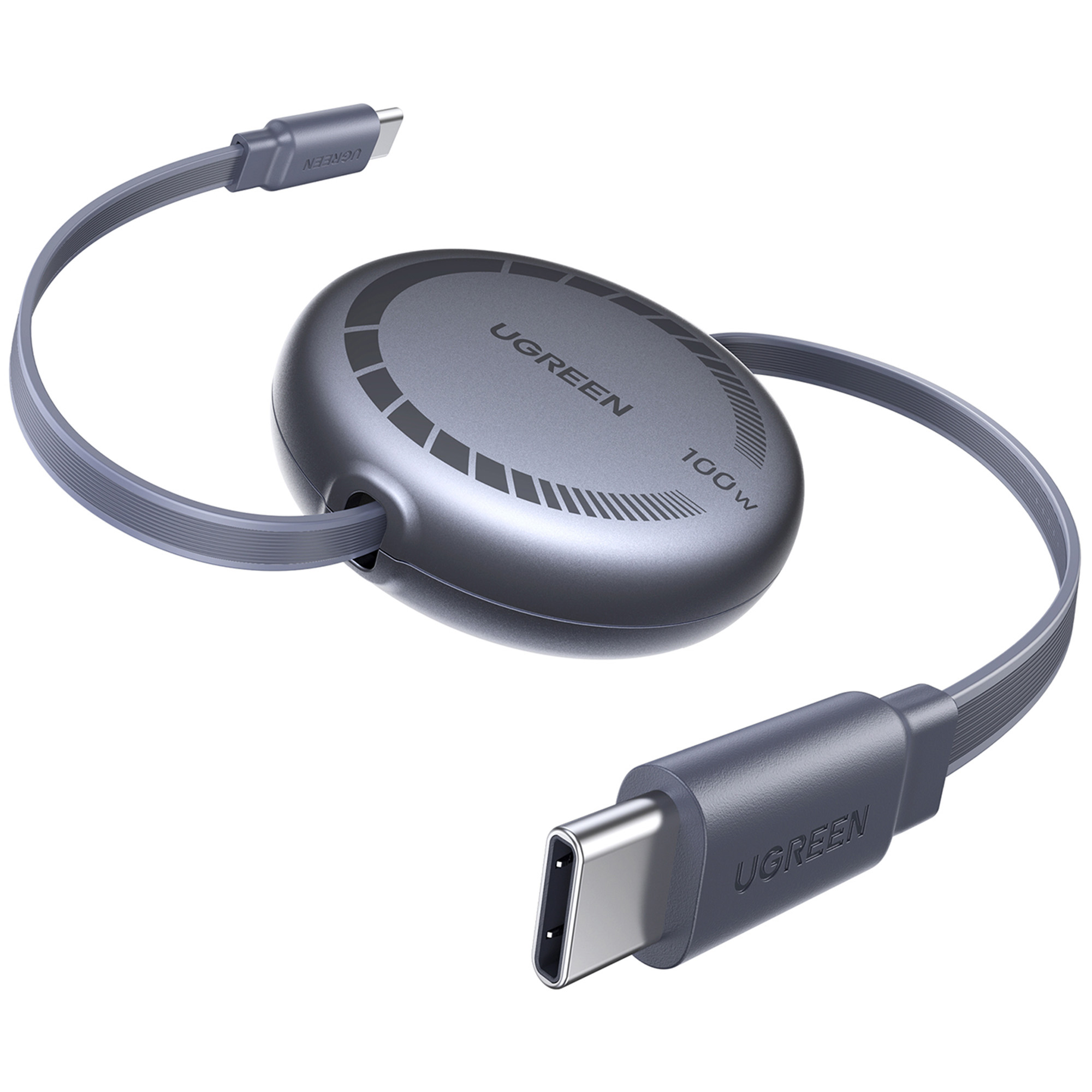 Szary kabel USB-C UGREEN 100W. Ma chowane wzornictwo z okrągłym elementem centralnym i dwoma złączami.