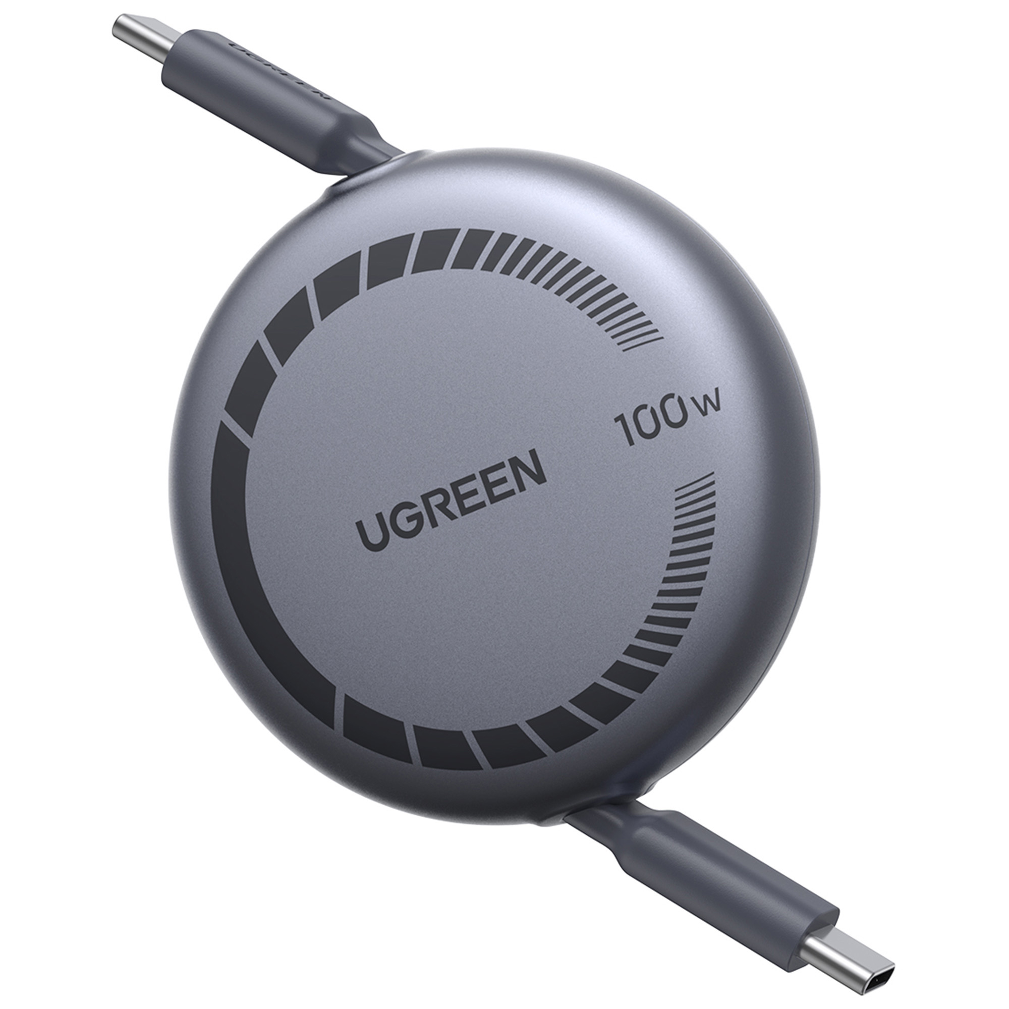 Szary kabel ładujący UGREEN 100W z okrągłym środkiem, dwa kable wychodzące. Środek ma oznaczenia i nazwę marki.