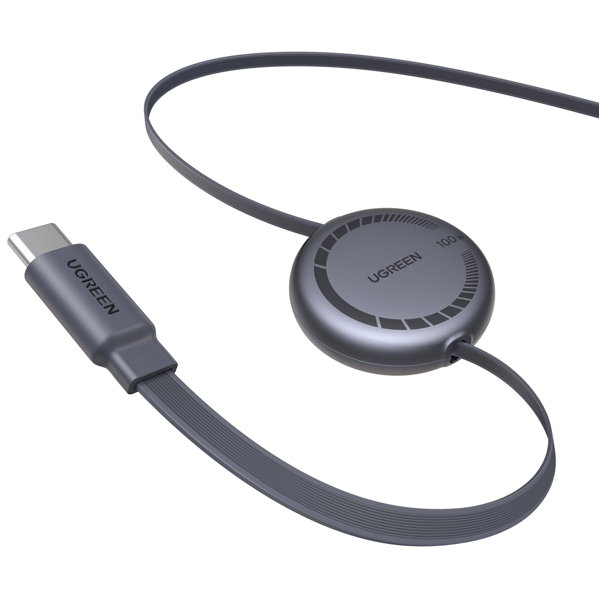 Szary kabel USB-C UGREEN z okrągłym wskaźnikiem ładowania na białym tle.