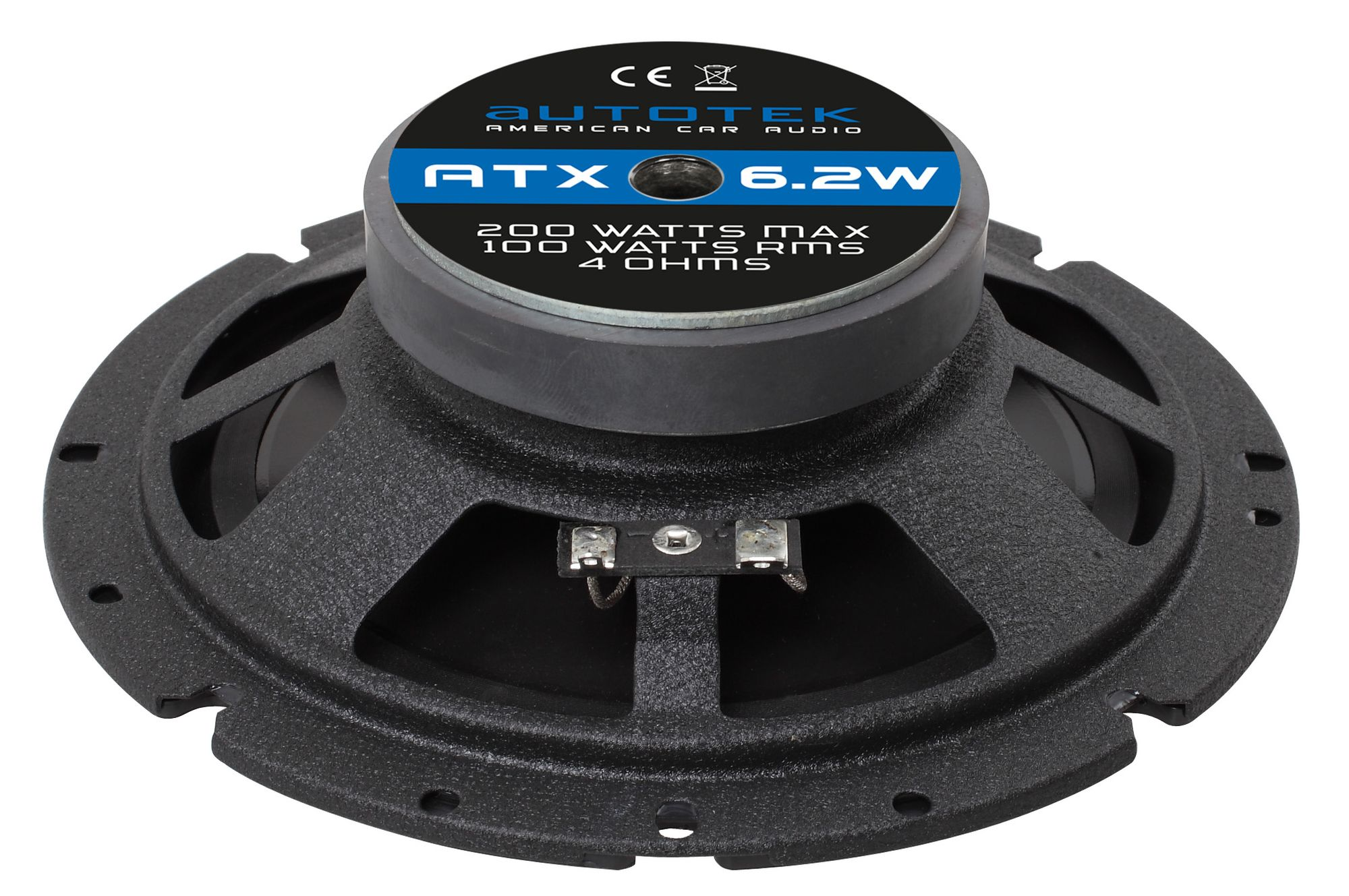 Ein schwarzer Auto-Lautsprecher. In der Mitte steht: Autotek, ATX 6.2W, 200 Watt Max, 100 Watt RMS, 4 Ohm.