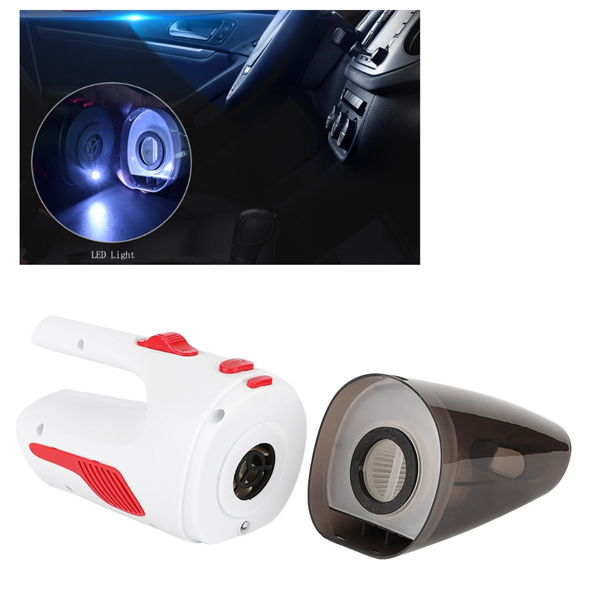 Ein weißer und roter Handstaubsauger mit transparentem Staubbehälter und einer Innenansicht eines Autos mit LED-Licht.
