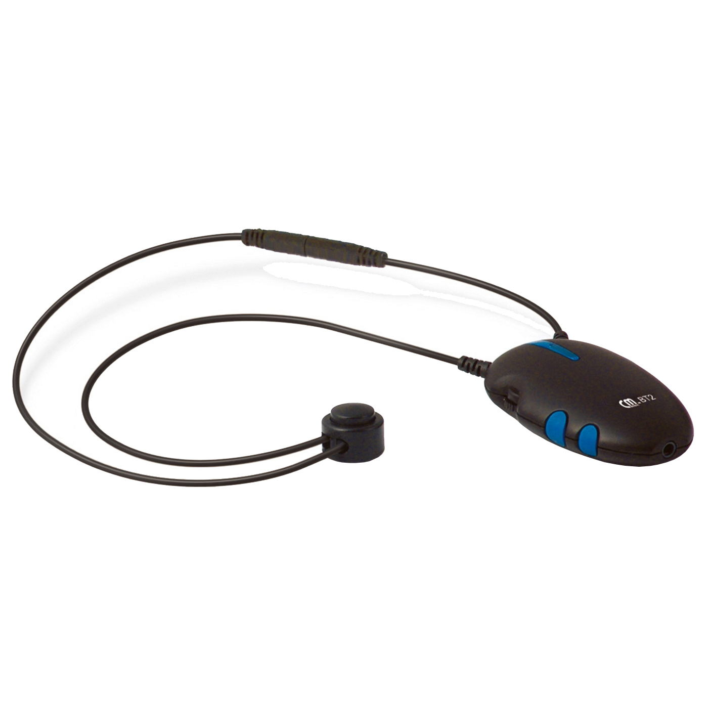 Ein schwarzes und blaues Headset mit Knopf und Ohrhörer. Das Headset befindet sich auf weißem Hintergrund.