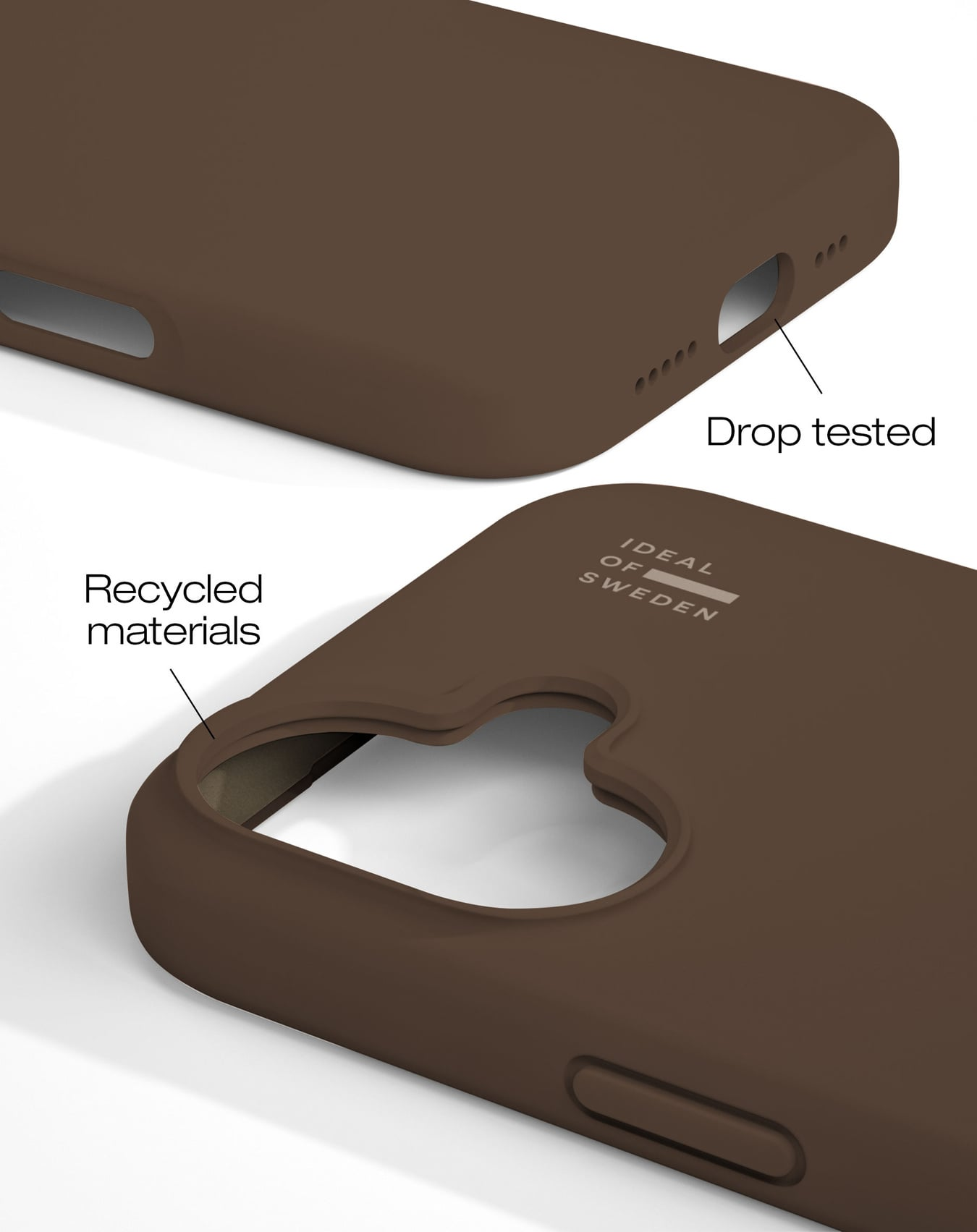 Braune Handyhüllen mit den Labels 'Drop tested' und 'Recycled materials'. Eine Hülle hat das Ideal of Sweden Logo.