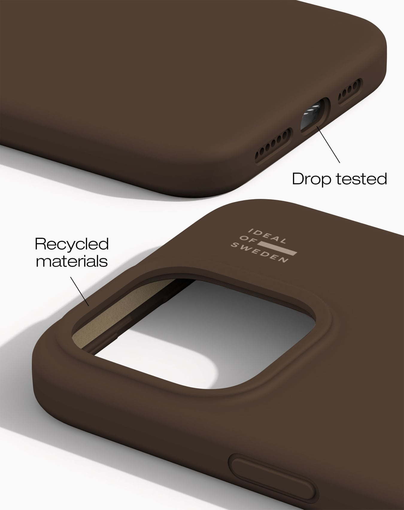 Nahaufnahme einer braunen Handyhülle mit Details wie Falltest und recycelten Materialien. Die Marke Ideal of Sweden ist sichtbar.