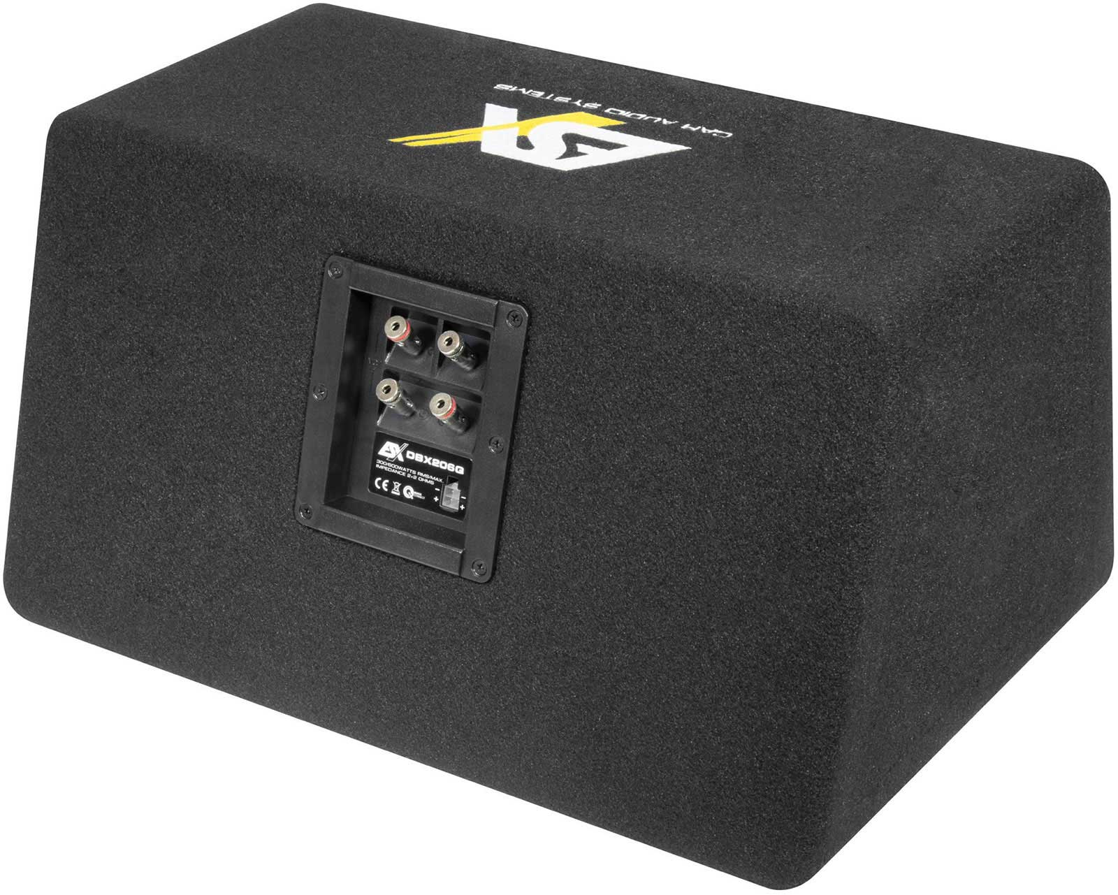 Schwarze Subwoofer-Box mit Anschlussfeld. Oben befinden sich ein Logo und Text. Der Anschluss hat mehrere Anschlüsse.