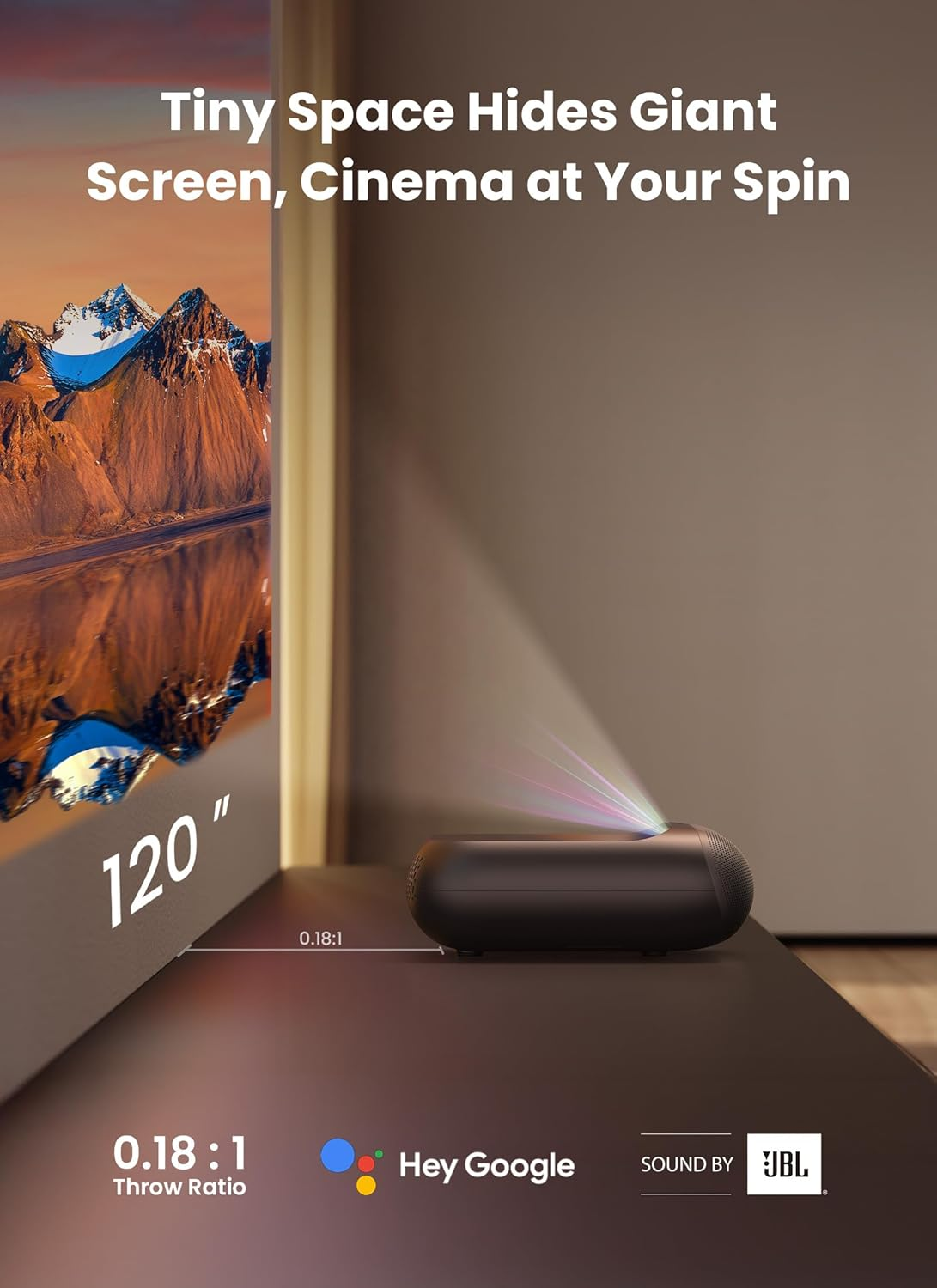 Projektor wyświetla górski krajobraz. Tekst: 'Tiny Space Hides Giant Screen'. Widoczny ekran '120"' i logo 'Hey Google'.
