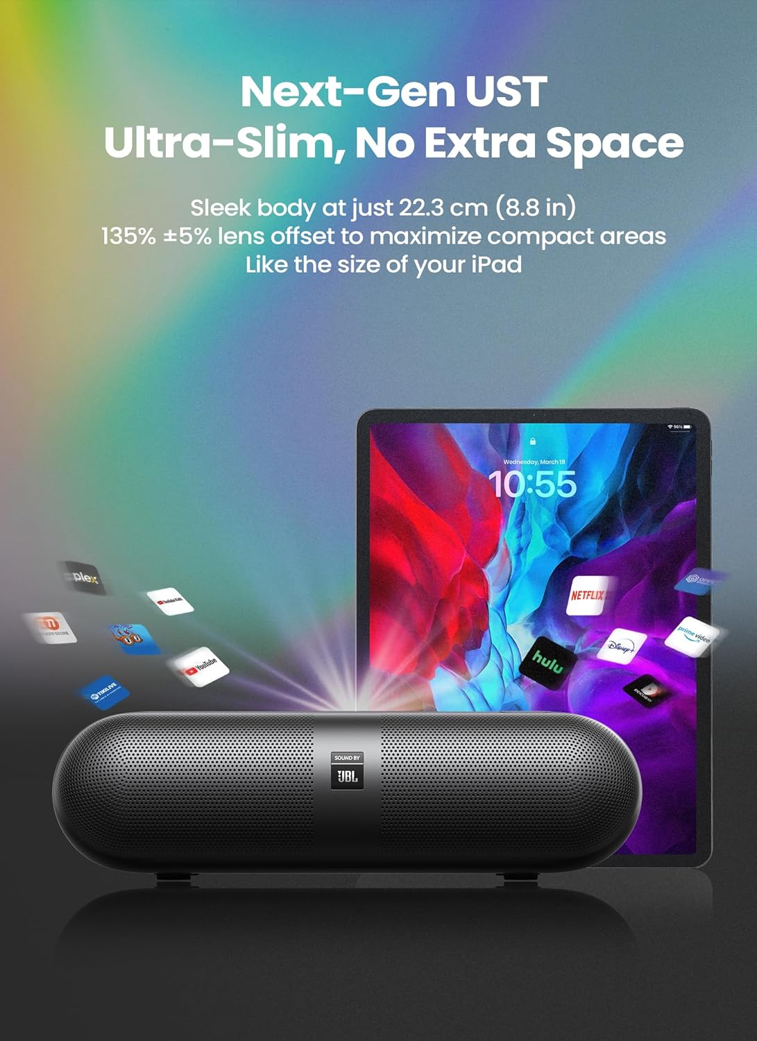 Czarny soundbar JBL wyświetla obrazy na iPadzie, pokazując logo aplikacji. Podkreśla smukłą konstrukcję.