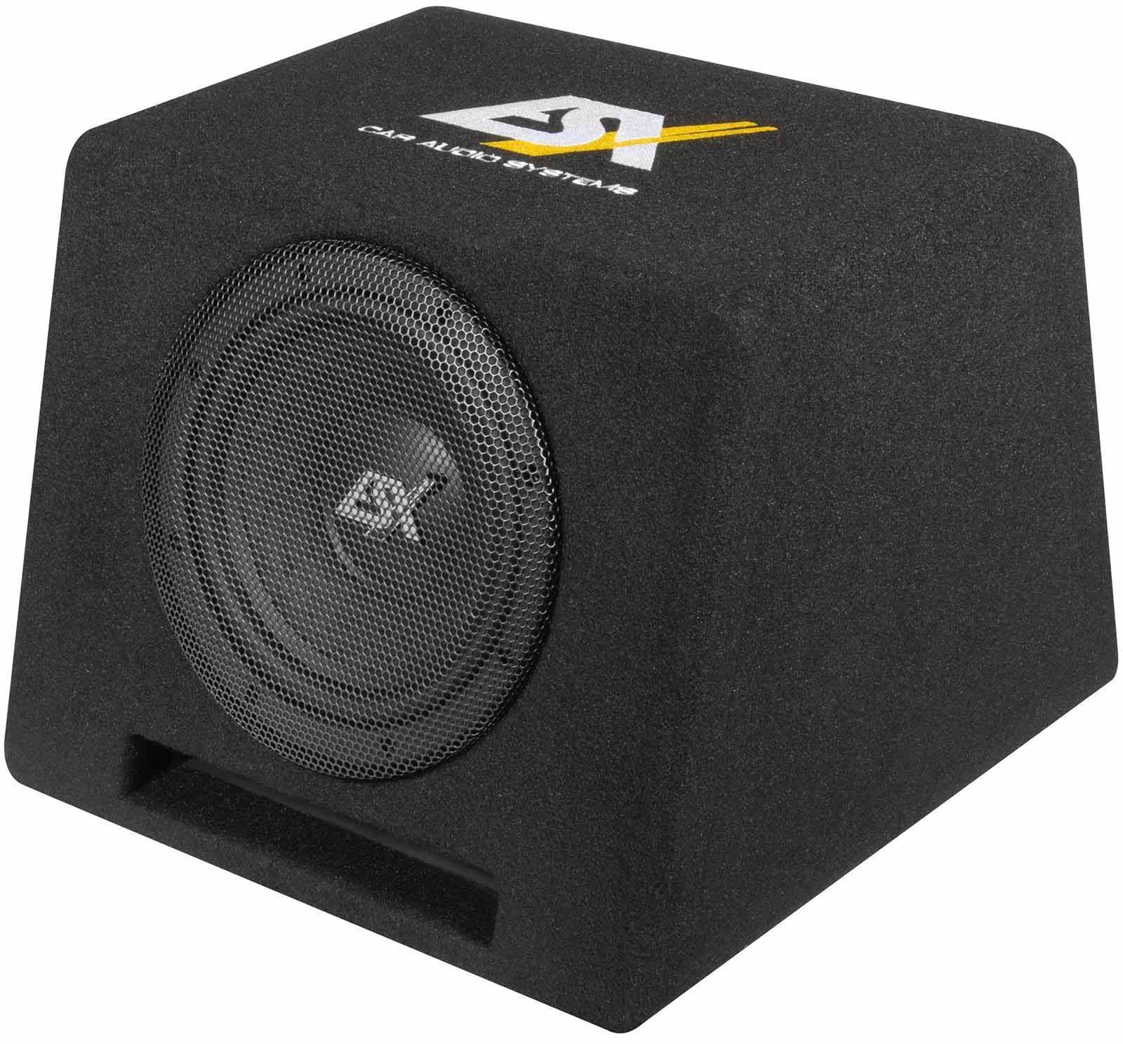 Schwarzer Auto-Subwoofer. Ein Lautsprecher ist mit einem Gitter bedeckt. Die Oberseite hat ein weißes und gelbes Logo und Text.