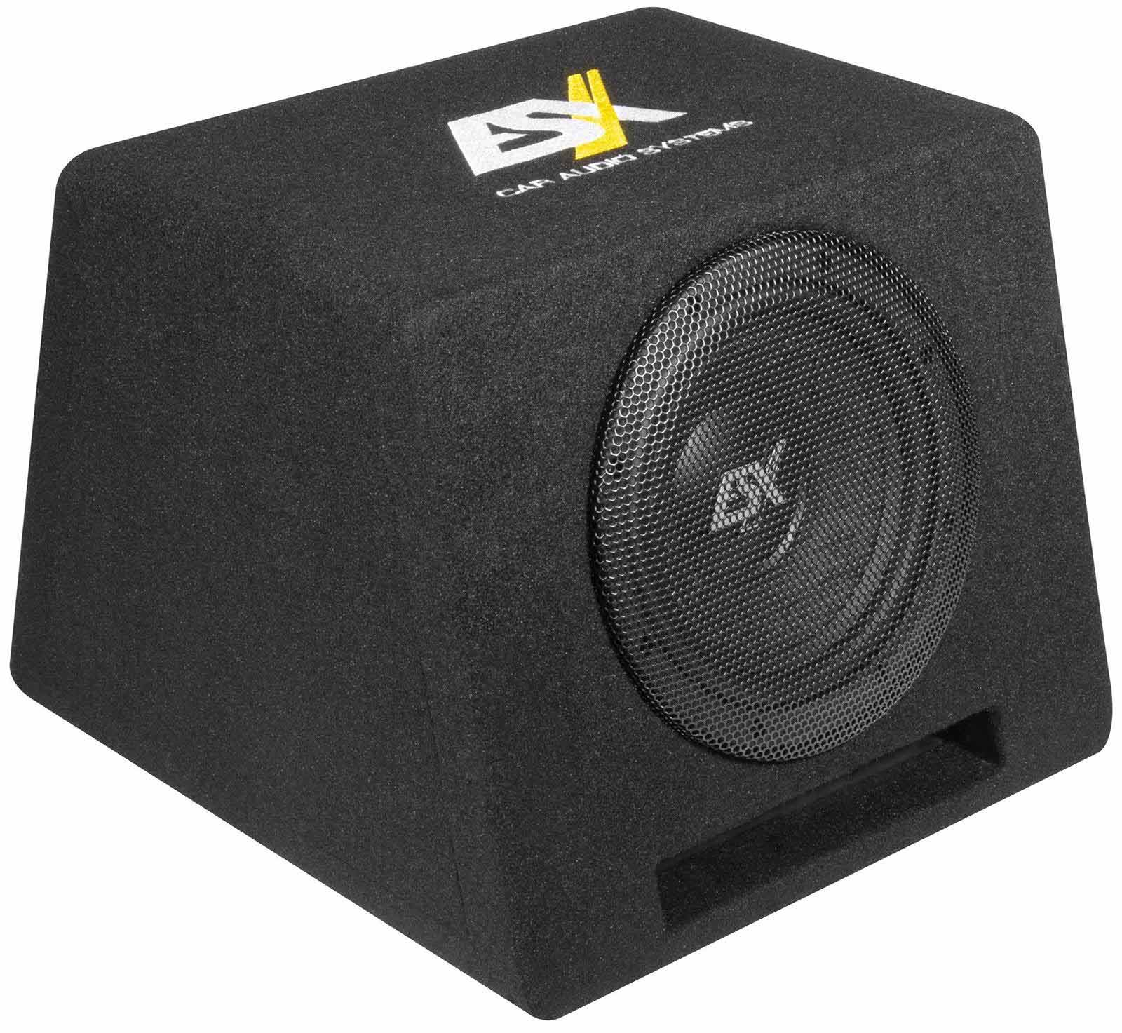 Schwarze Subwoofer-Box mit Lautsprechergitter und Logo. Die Oberseite hat ein Logo und Text in Gelb und Weiß.