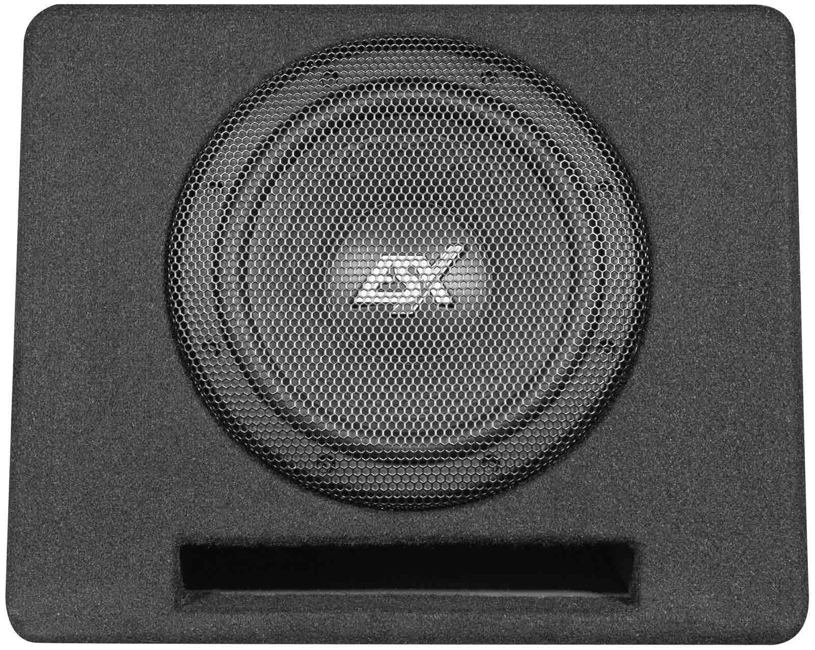 Schwarzer Subwoofer-Lautsprecher mit Metallgitterabdeckung. Der Lautsprecher hat die Buchstaben 'DSK' und eine rechteckige Öffnung.