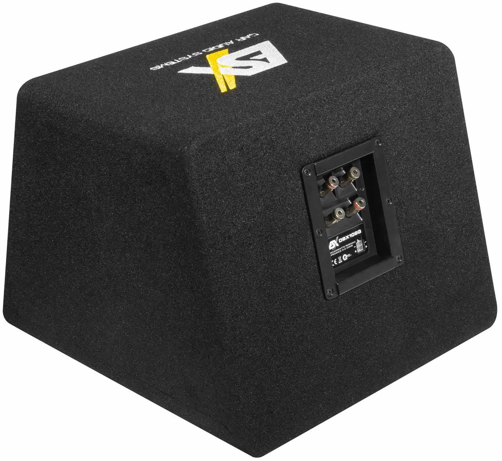Schwarzer Auto-Subwoofer mit Logo, abgewinkelter Form, Anschlüssen auf der Rückseite und einem Etikett mit der Modellnummer DBX10BG.