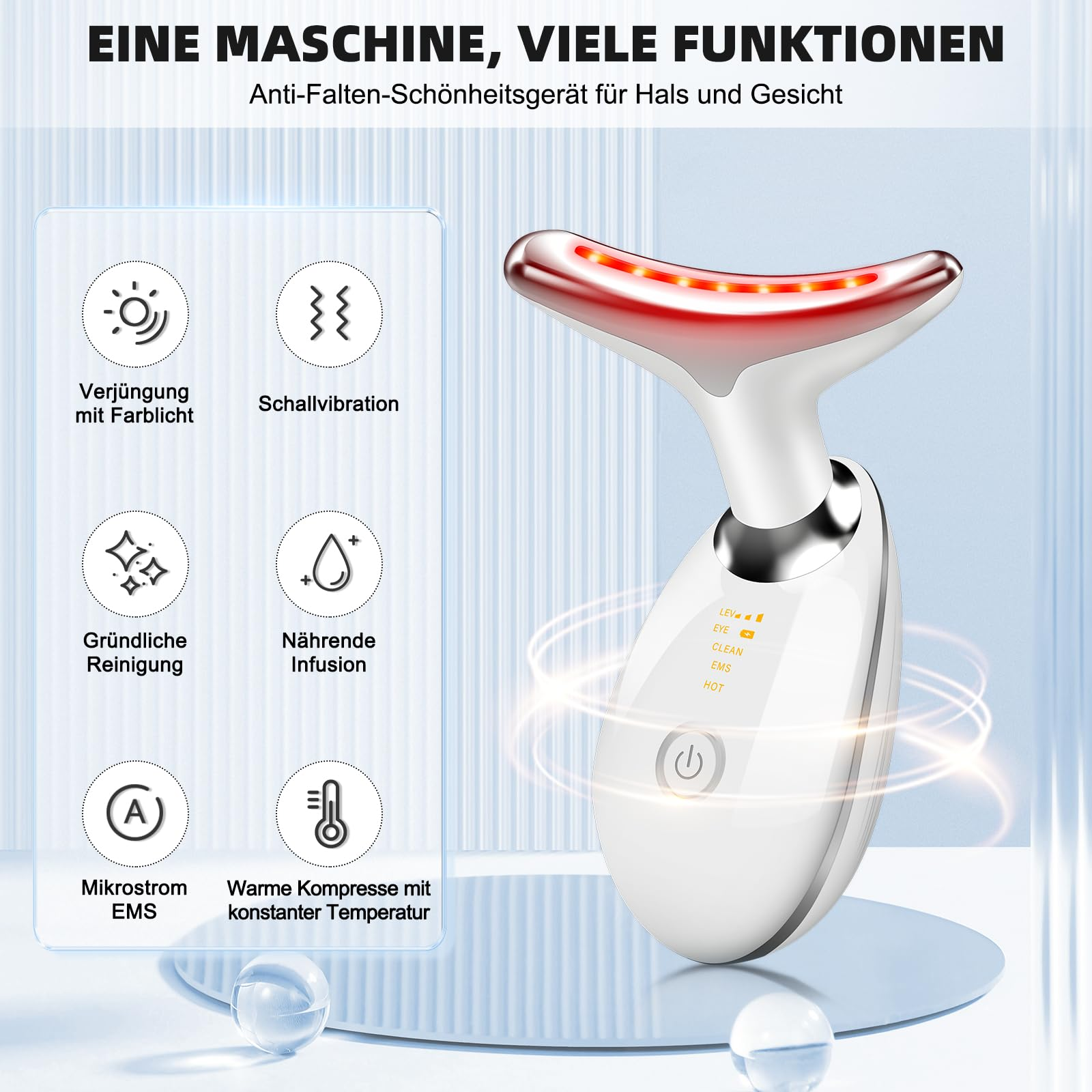 Ein weißes Gesichtsmassagegerät mit rotem Licht, sechs Symbolen und dem Text "EINE MASCHINE, VIELE FUNKTIONEN".