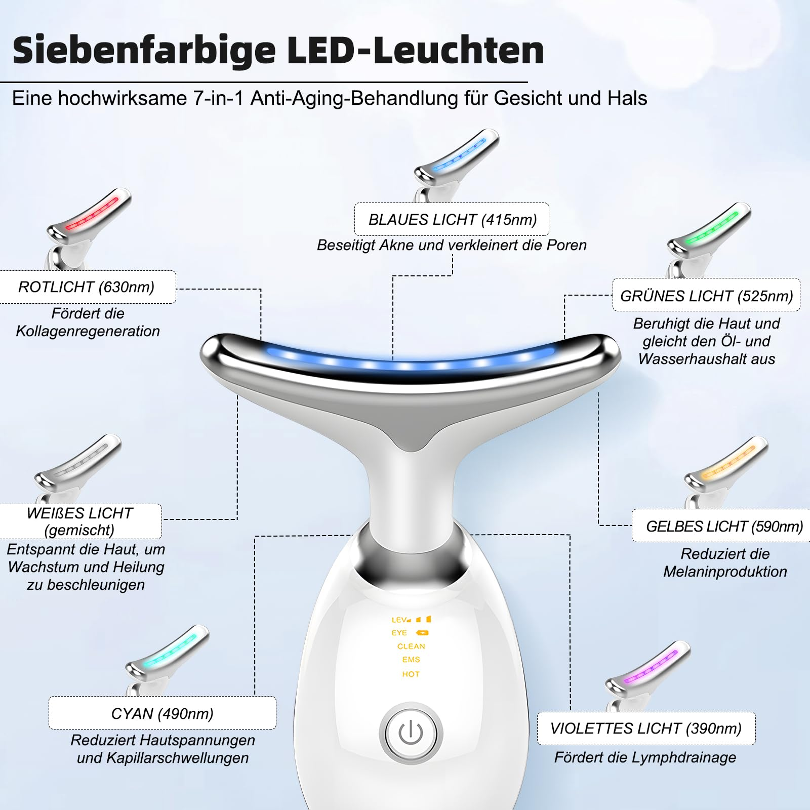 Ein Gesichtsmassagegerät mit sieben LED-Lichttherapien, jede mit unterschiedlichen Vorteilen für die Hautpflege.