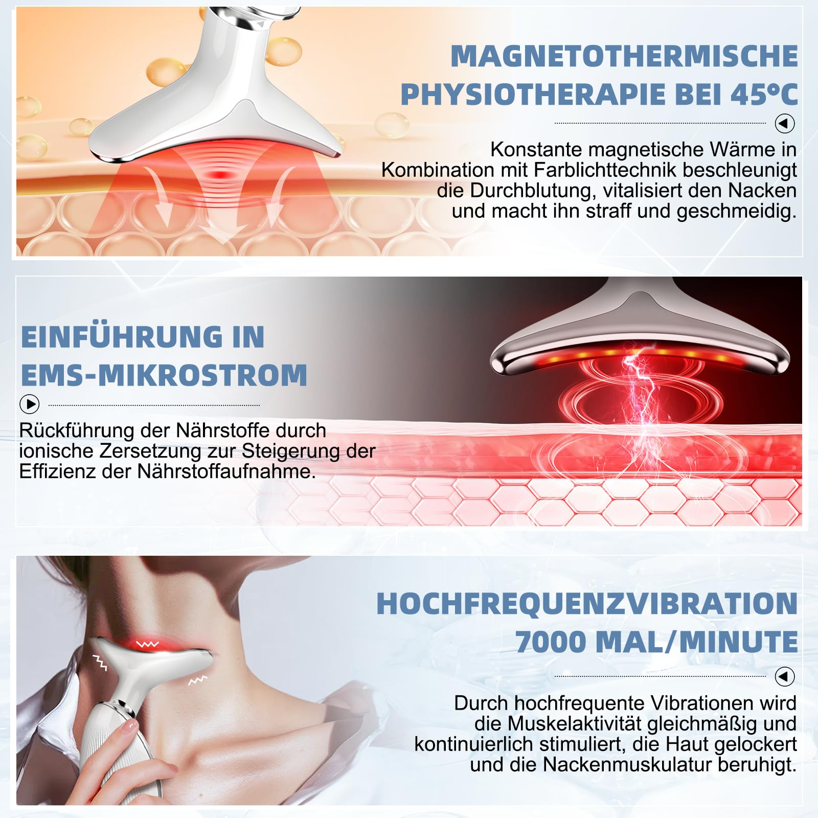 Gerät zur Nackenbehandlung. Das Bild zeigt Gerät, Haut und Text über Vorteile.
