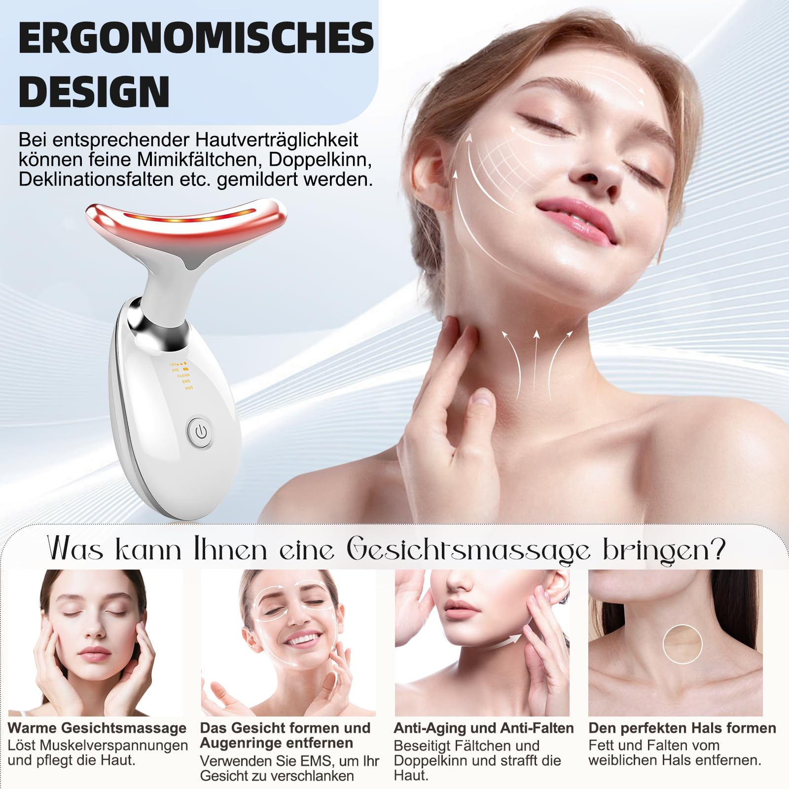Das Bild zeigt eine Frau mit einem Gesichtsmassagegerät. Der Text behandelt Hautvorteile. Produktdetails sind ebenfalls sichtbar.