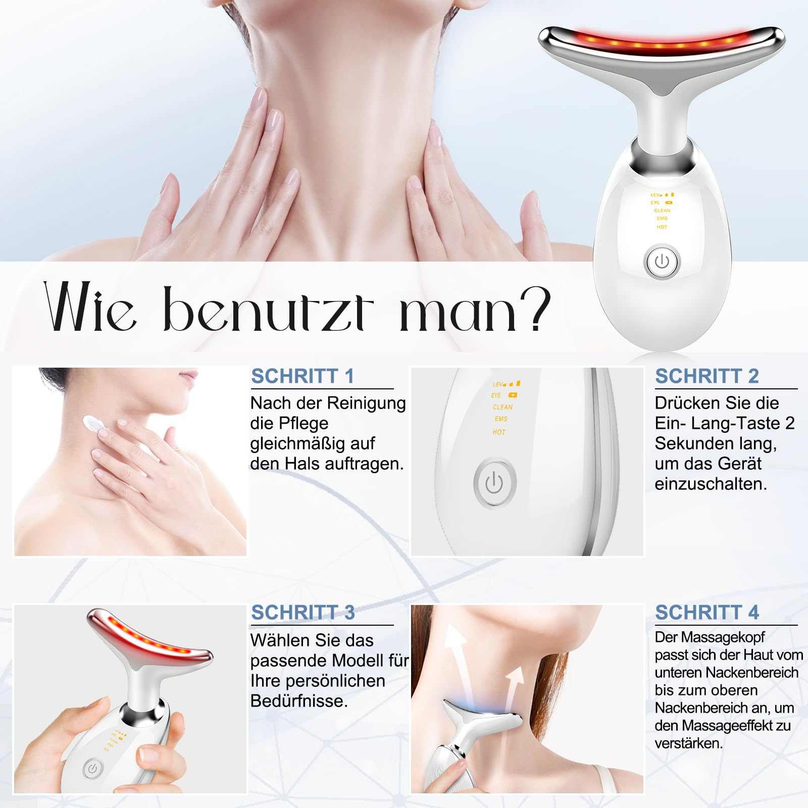 Das Bild zeigt Anweisungen für ein Nackenmassagegerät. Es enthält Schritte zur Verwendung, die den Hals einer Person und das Gerät zeigen.