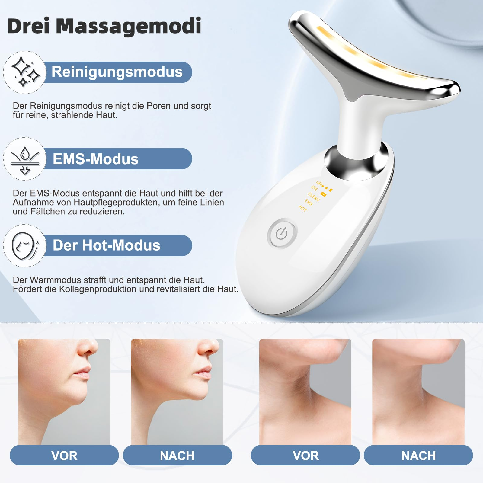 Das Bild zeigt ein weißes Gesichtsmassagegerät mit Diagrammen verschiedener Hautzustände vor und nach der Anwendung.
